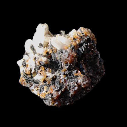 Red Zircon, Spessartine, Tourmaline on Epidote & Feldspar specimen 28*25*28mm 21g in sunlight - Rocks and Things Store