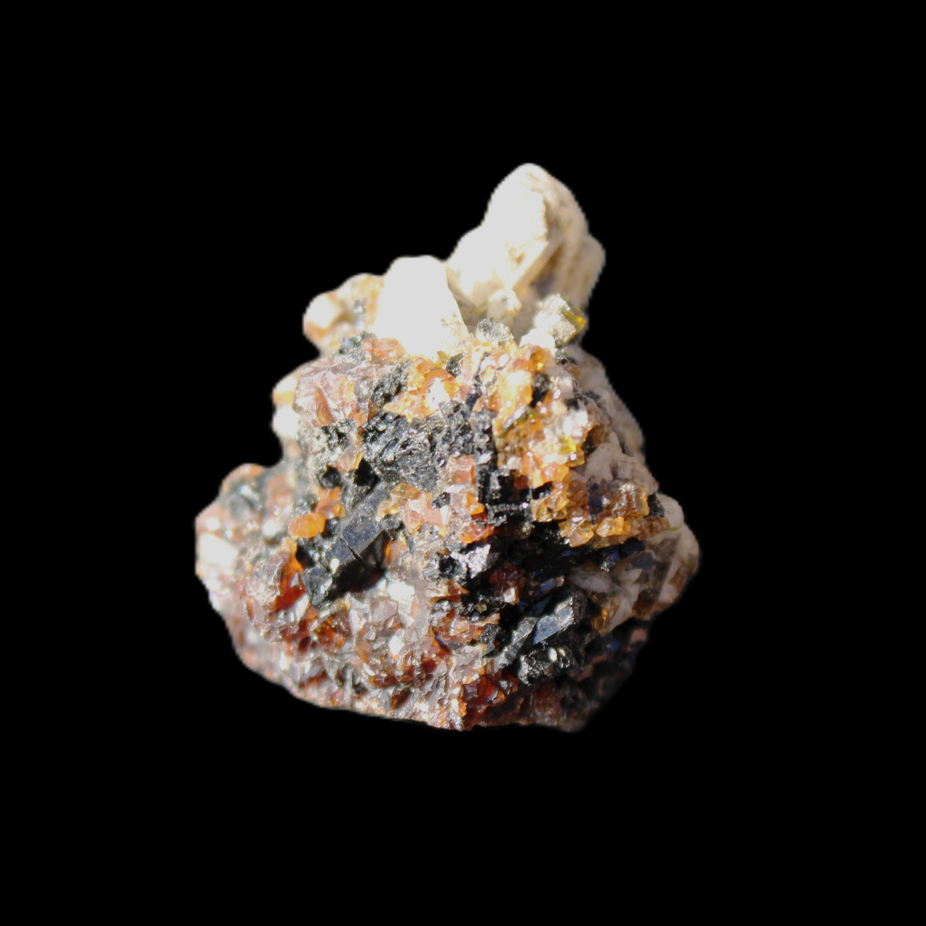 Red Zircon, Spessartine, Tourmaline on Epidote & Feldspar specimen 28*25*28mm 21g in sunlight - Rocks and Things Store