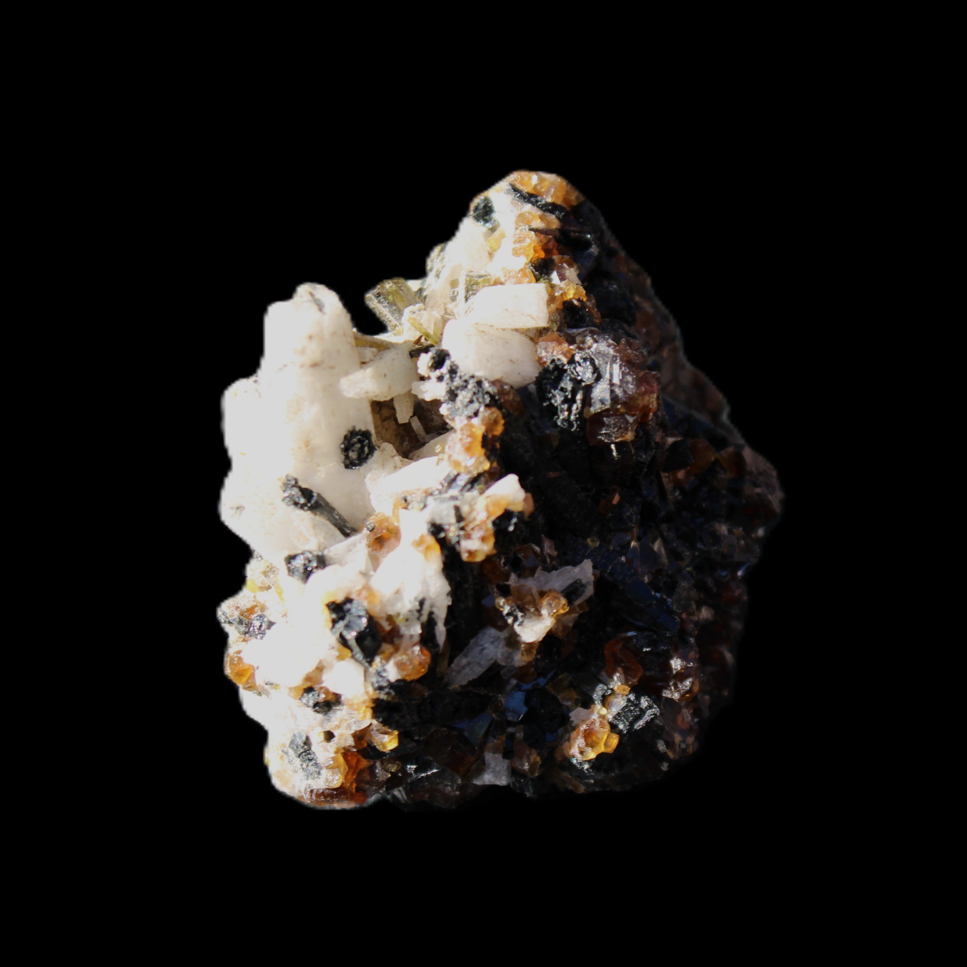 Red Zircon, Spessartine, Tourmaline on Epidote & Feldspar specimen 28*25*28mm 21g in sunlight - Rocks and Things Store