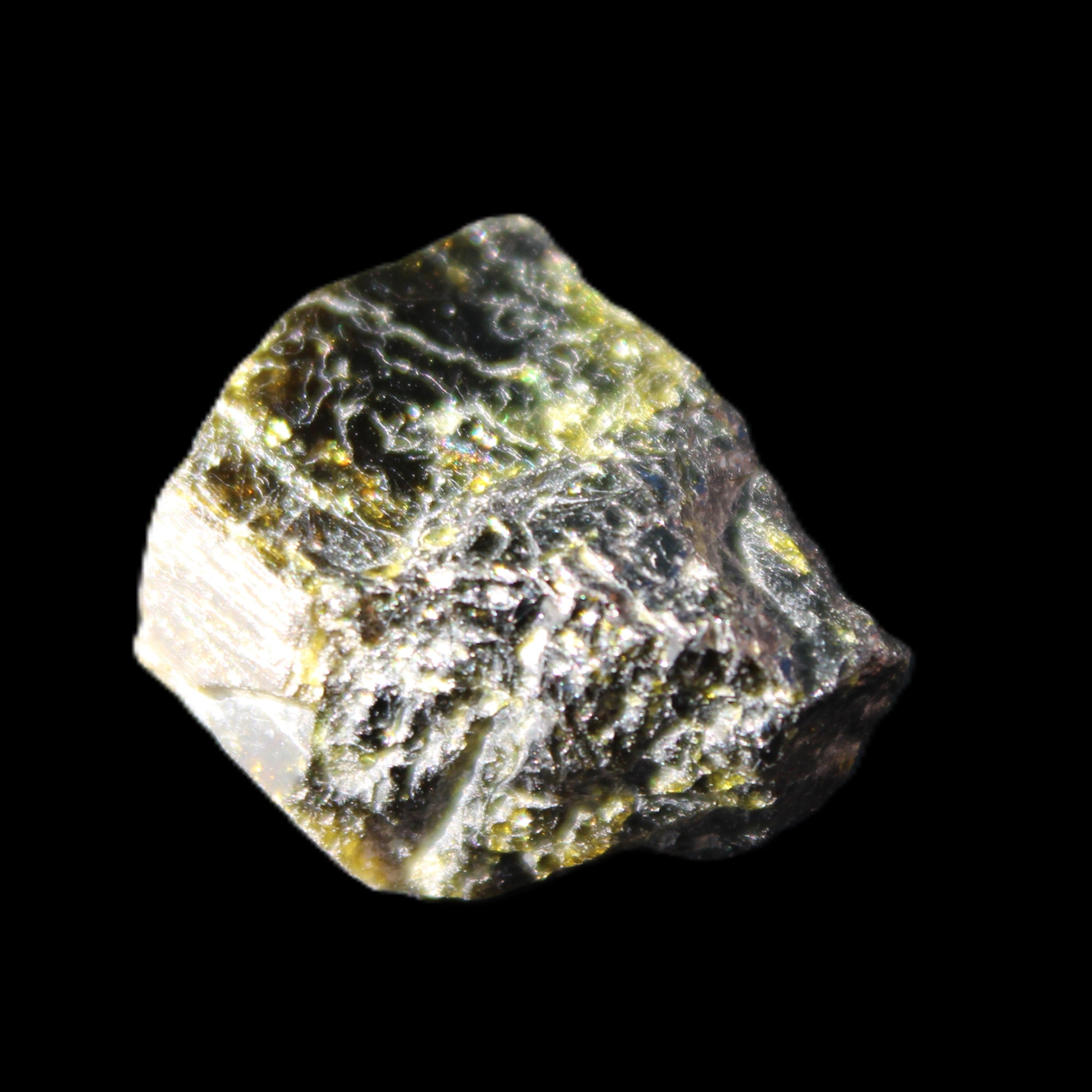 Magnetic Epidote glossy irregular hexagon crystal 20mm 9-11g in sunlight - Rocks and Things Store