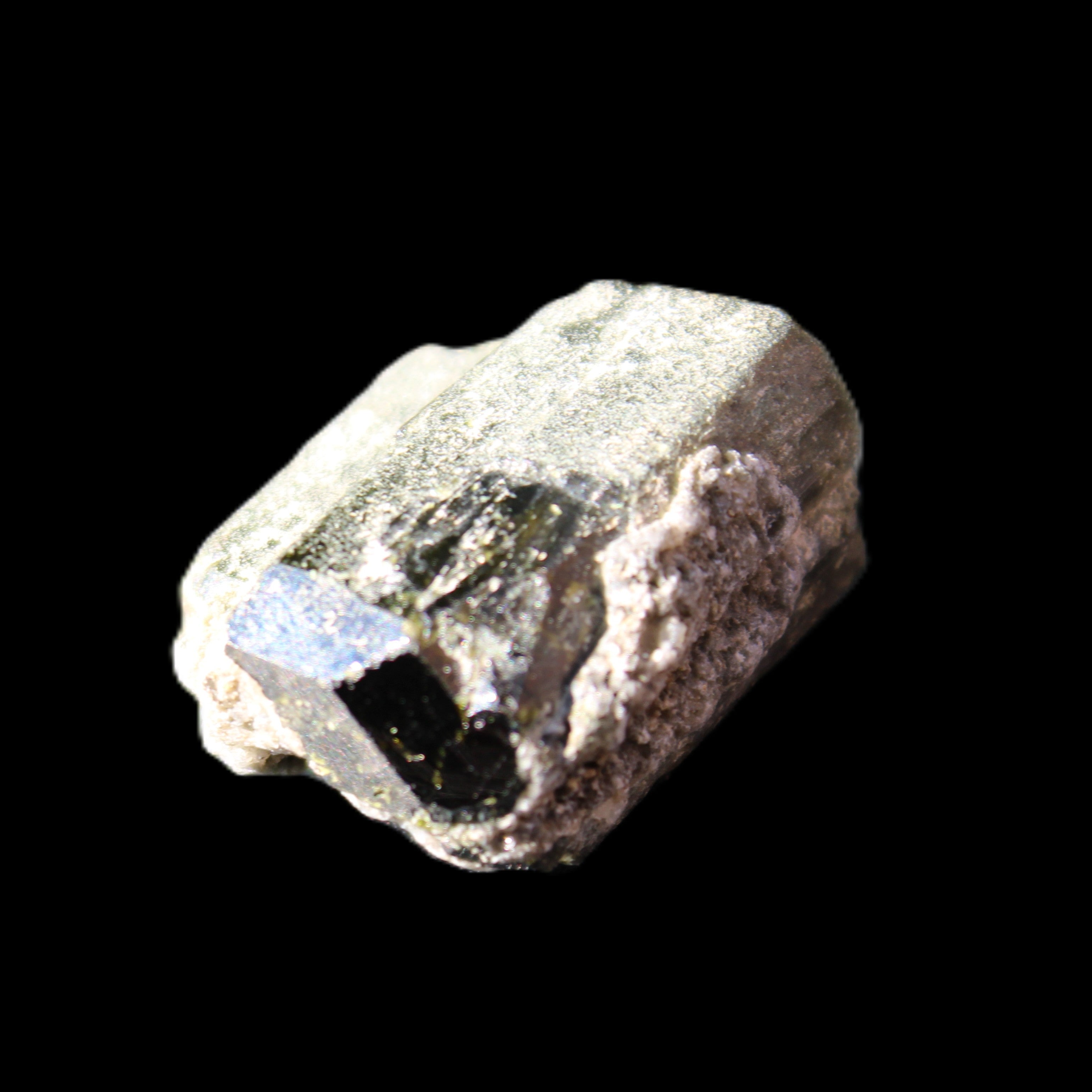 Magnetic Epidote glossy irregular hexagon crystal 20mm 9-11g in sunlight - Rocks and Things Store