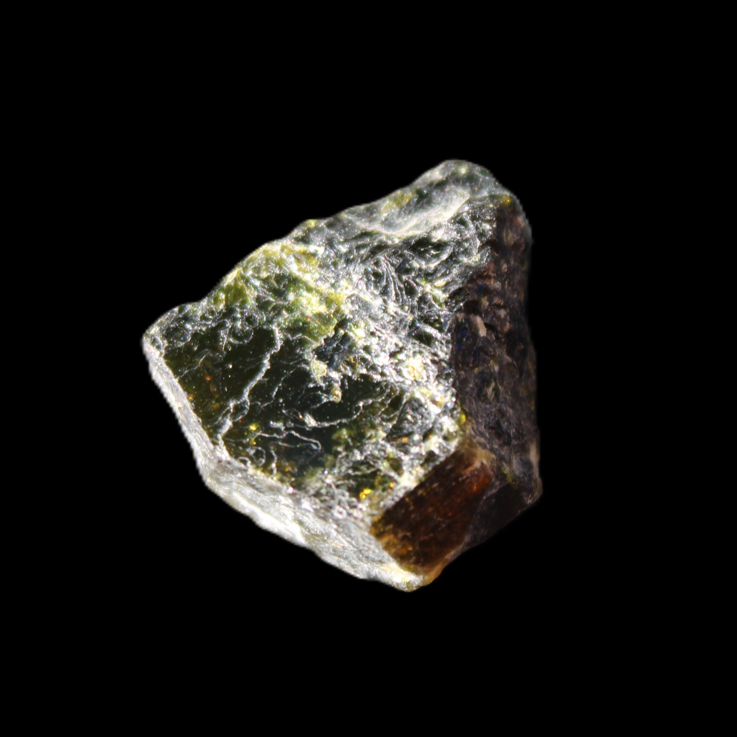 Magnetic Epidote glossy irregular hexagon crystal 20mm 9-11g in sunlight - Rocks and Things Store