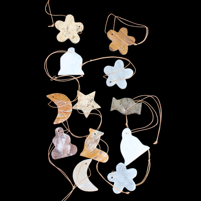 Christmas tree decoration shapes - 12 mixed: Afghan Jade, Jade, Fossil 35-40mm 170g in sunlight - Rocks and Things Store