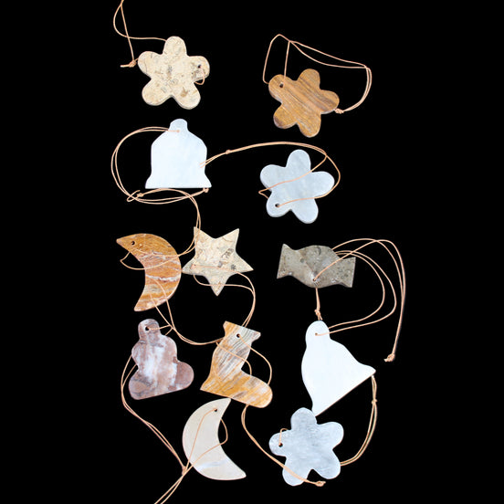 Christmas tree decoration shapes - 12 mixed: Afghan Jade, Jade, Fossil 35-40mm 170g in sunlight - Rocks and Things Store