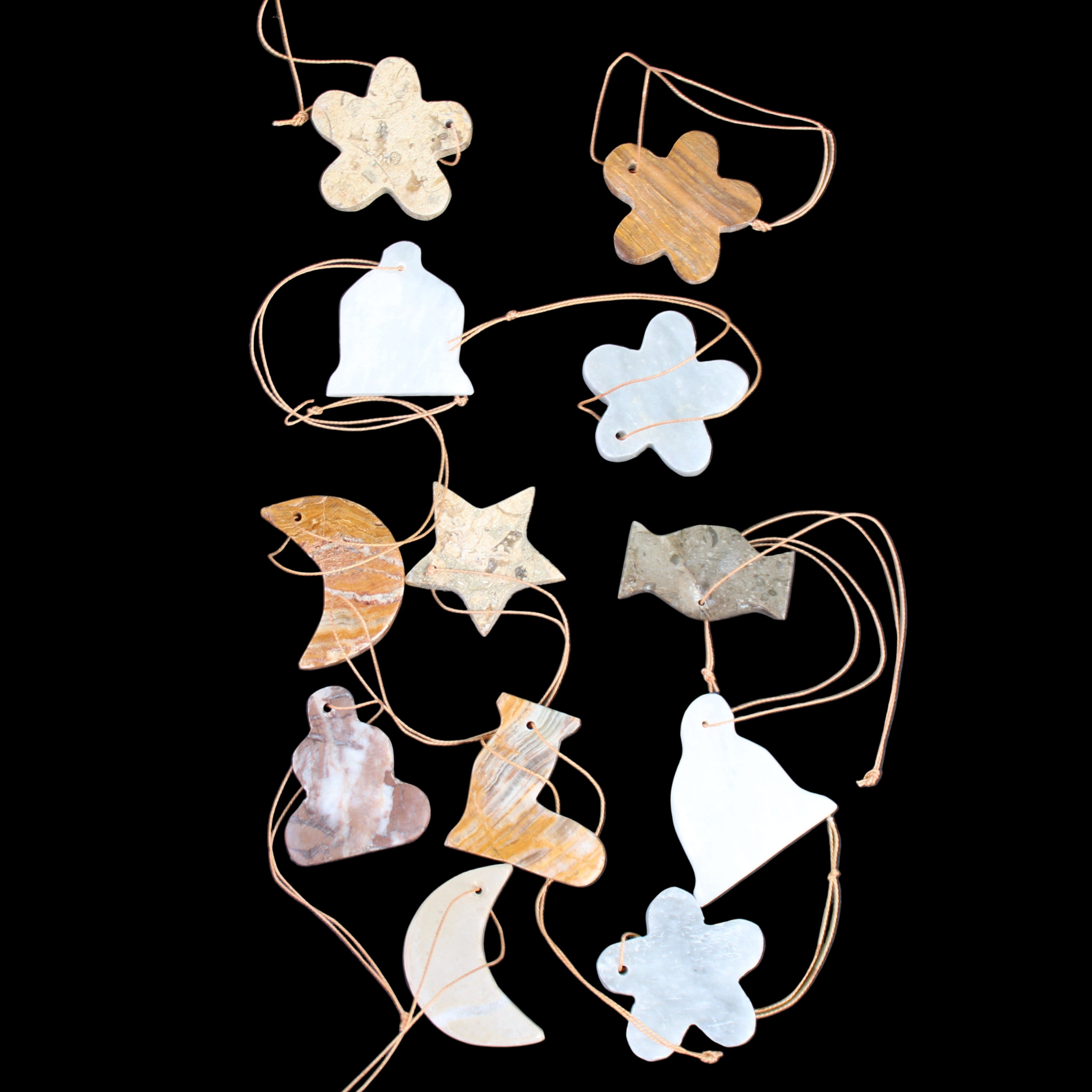 Christmas tree decoration shapes - 12 mixed: Afghan Jade, Jade, Fossil 35-40mm 170g in sunlight - Rocks and Things Store