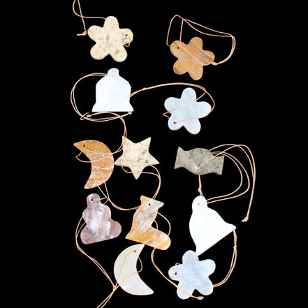 Christmas tree decoration shapes - 12 mixed: Afghan Jade, Jade, Fossil 35-40mm 170g in sunlight - Rocks and Things Store