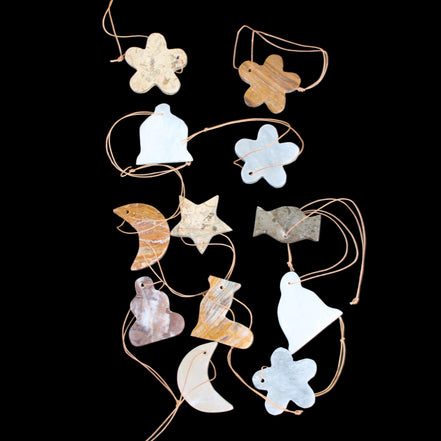 Christmas tree decoration shapes - 12 mixed: Afghan Jade, Jade, Fossil 35-40mm 170g in sunlight - Rocks and Things Store