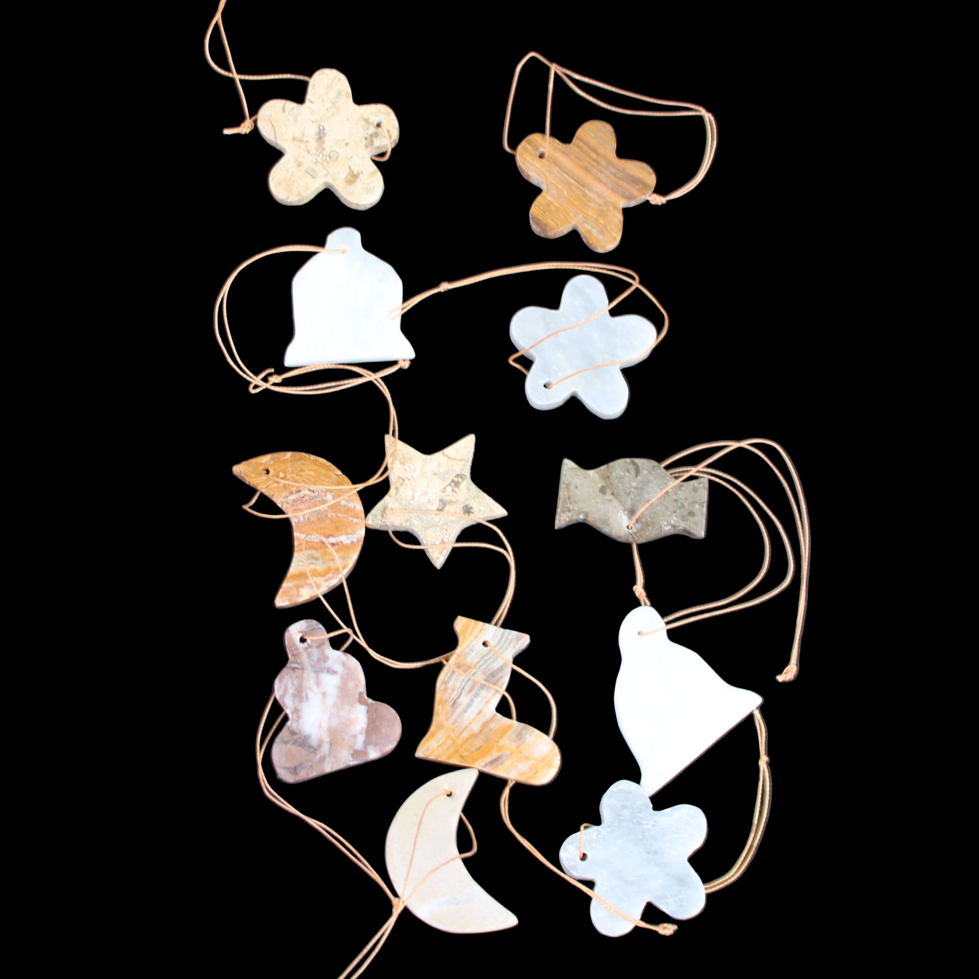 Christmas tree decoration shapes - 12 mixed: Afghan Jade, Jade, Fossil 35-40mm 170g in sunlight - Rocks and Things Store