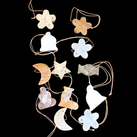 Christmas tree decoration shapes - 12 mixed: Afghan Jade, Jade, Fossil 35-40mm 170g in sunlight - Rocks and Things Store