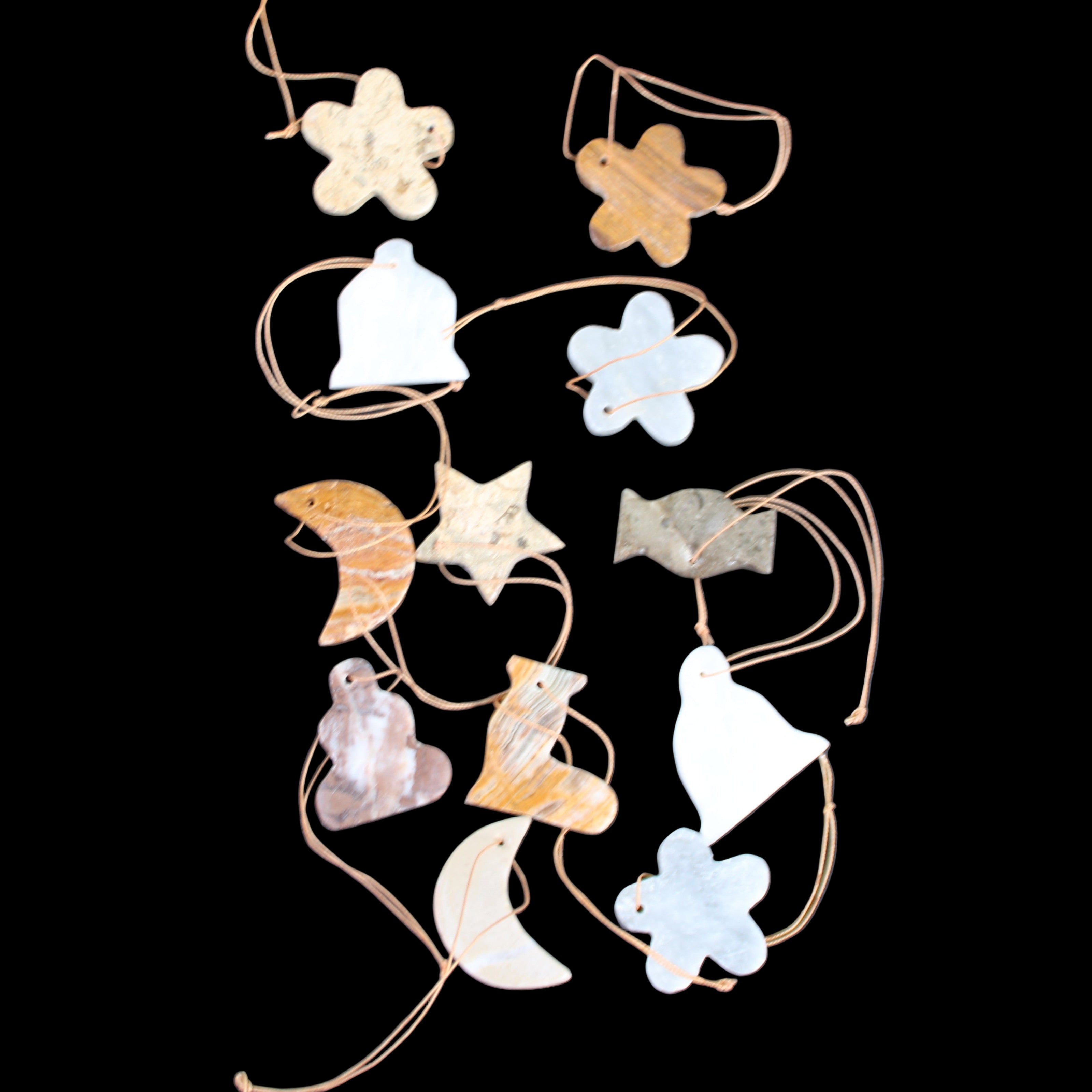 Christmas tree decoration shapes - 12 mixed: Afghan Jade, Jade, Fossil 35-40mm 170g in sunlight - Rocks and Things Store