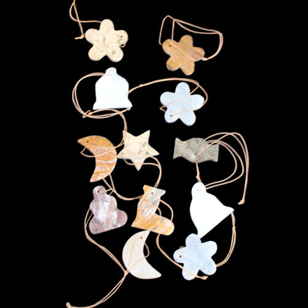 Christmas tree decoration shapes - 12 mixed: Afghan Jade, Jade, Fossil 35-40mm 170g in sunlight - Rocks and Things Store