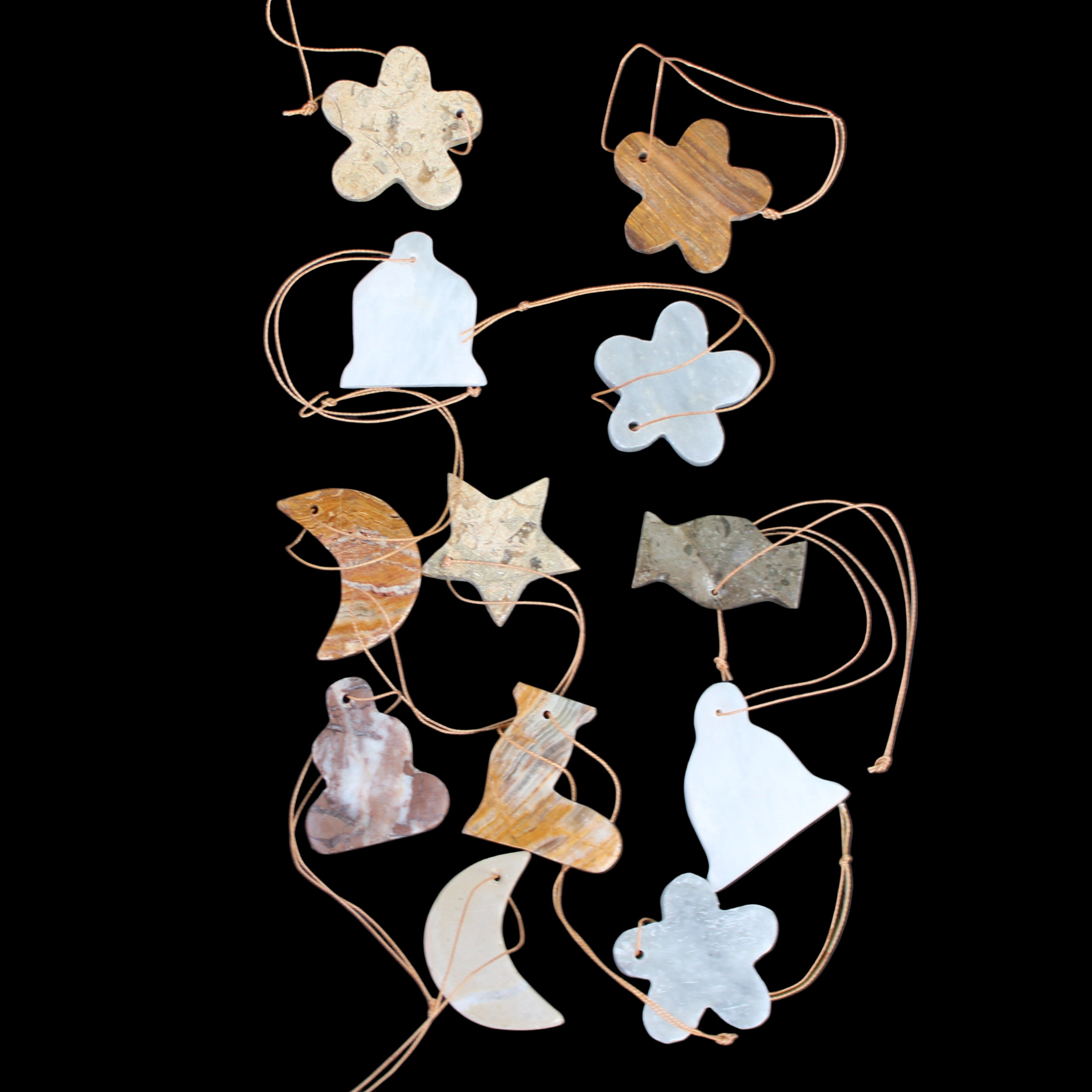 Christmas tree decoration shapes - 12 mixed: Afghan Jade, Jade, Fossil 35-40mm 170g in sunlight - Rocks and Things Store