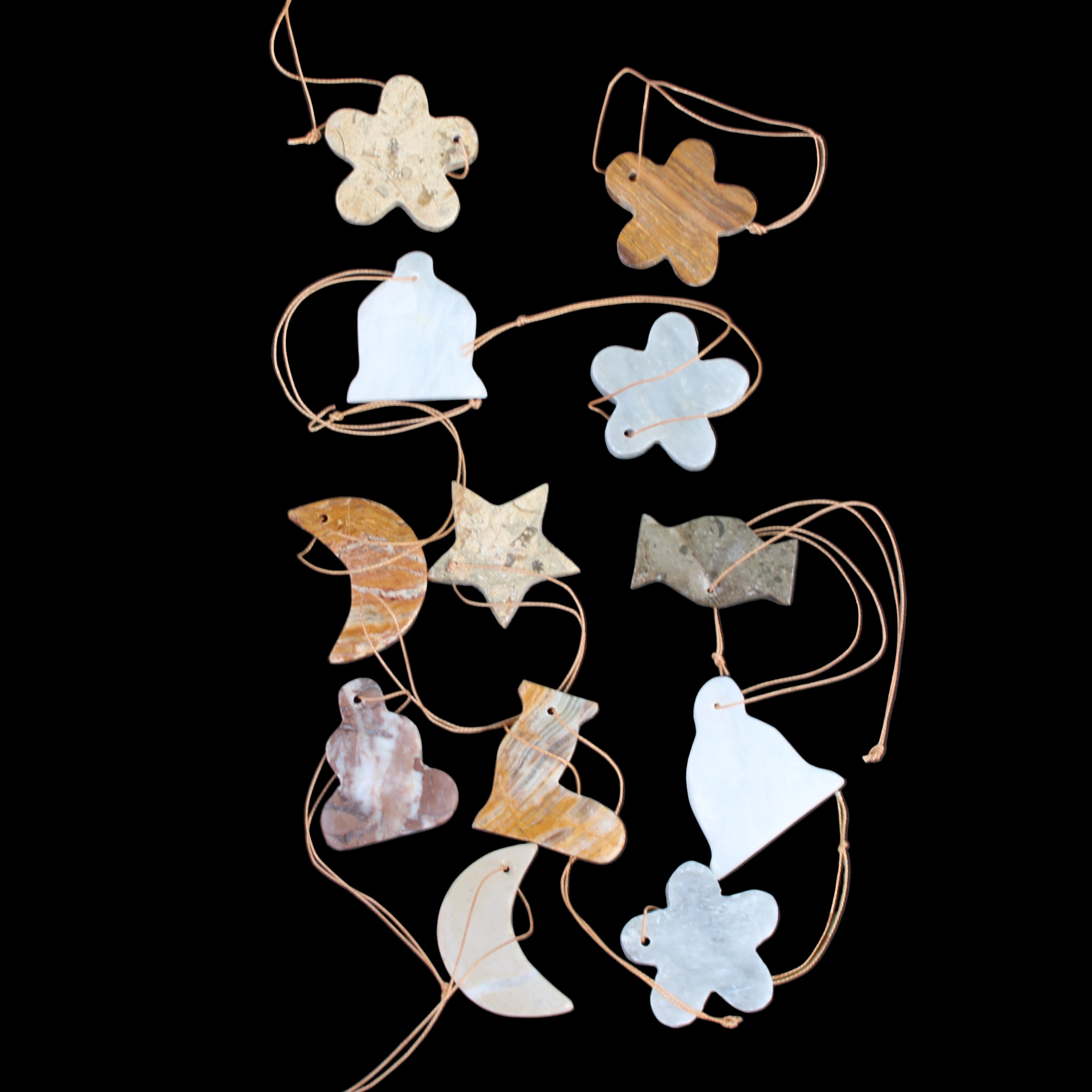 Christmas tree decoration shapes - 12 mixed: Afghan Jade, Jade, Fossil 35-40mm 170g in sunlight - Rocks and Things Store