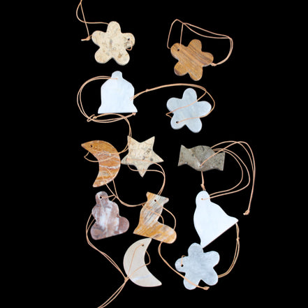 Christmas tree decoration shapes - 12 mixed: Afghan Jade, Jade, Fossil 35-40mm 170g in sunlight - Rocks and Things Store