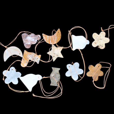 Christmas tree decoration shapes - 12 mixed: Afghan Jade, Jade, Fossil 35-40mm 170g in sunlight - Rocks and Things Store