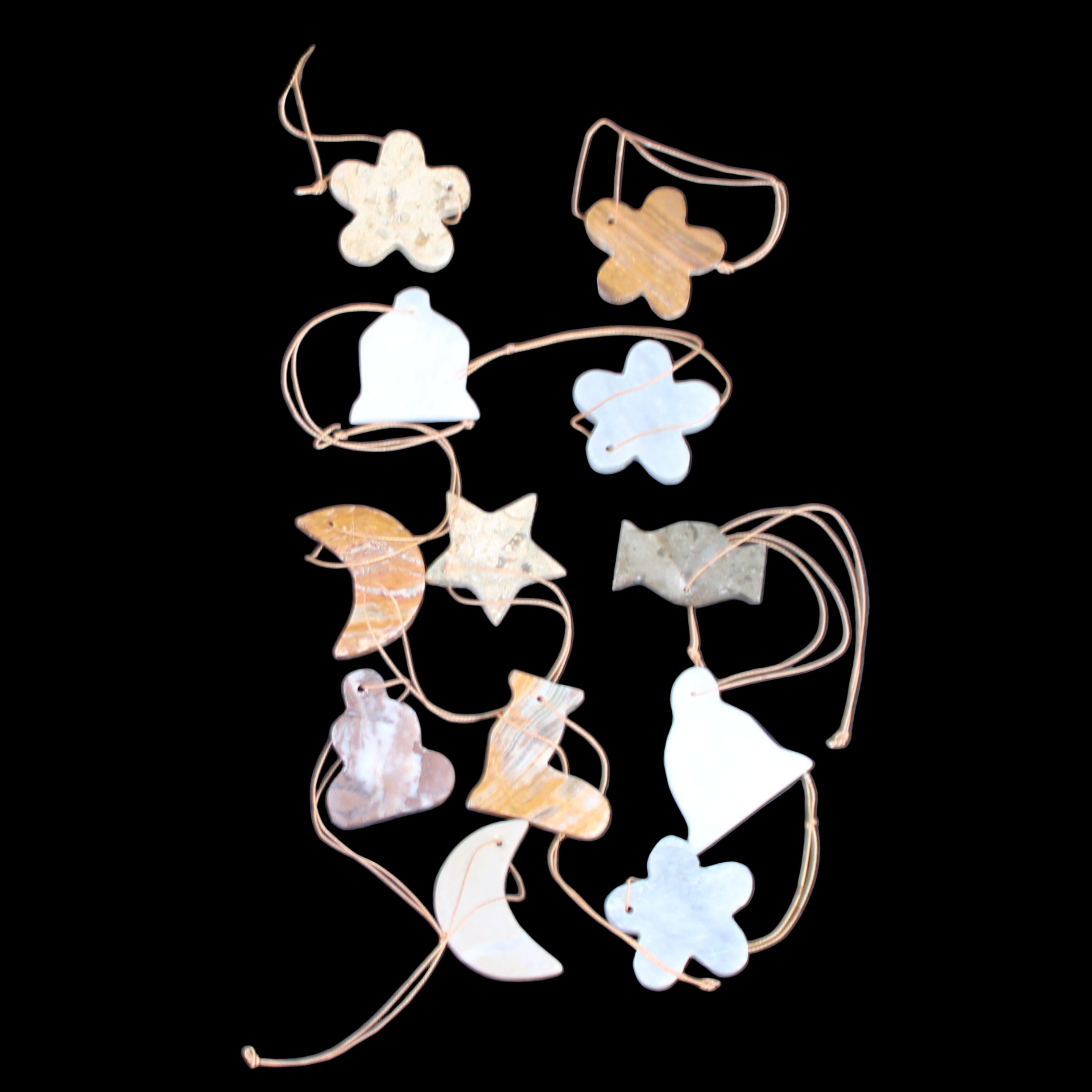 Christmas tree decoration shapes - 12 mixed: Afghan Jade, Jade, Fossil 35-40mm 170g in sunlight - Rocks and Things Store