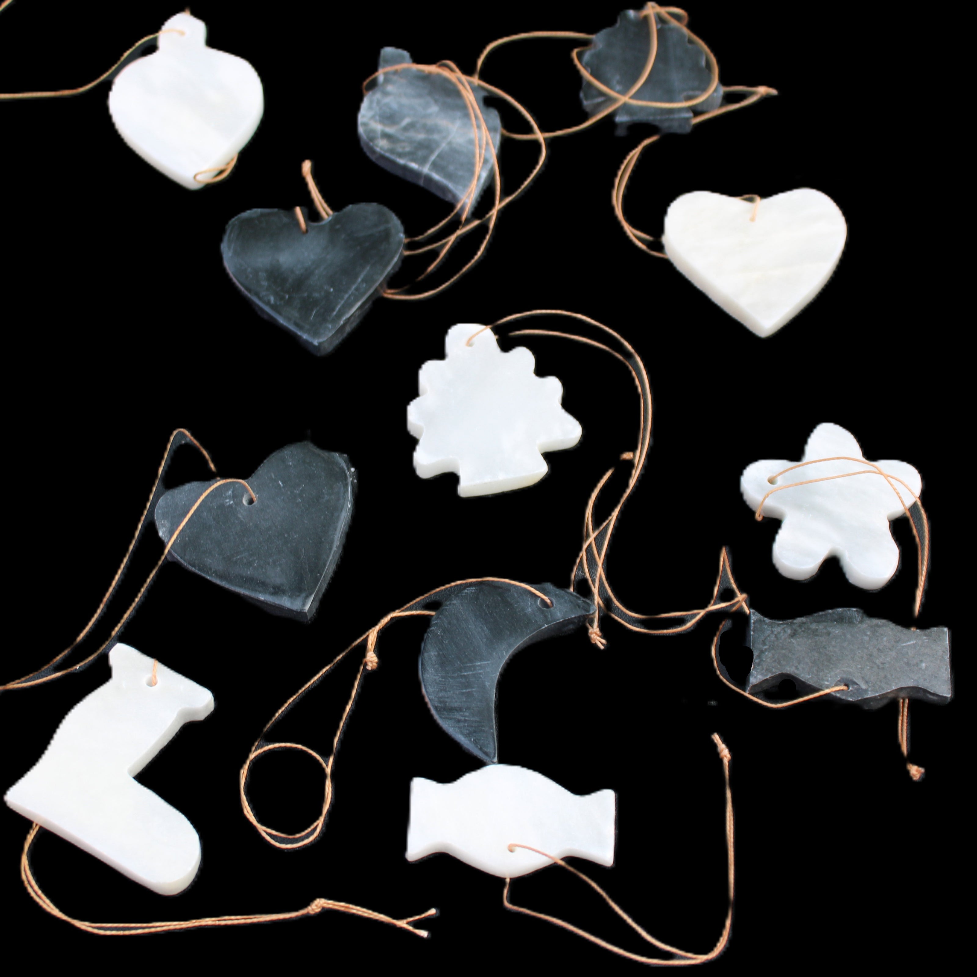 Christmas tree decoration shapes - 6 Black & 6 White Jade 34-38mm 170-190g in sunlight - Rocks and Things Store