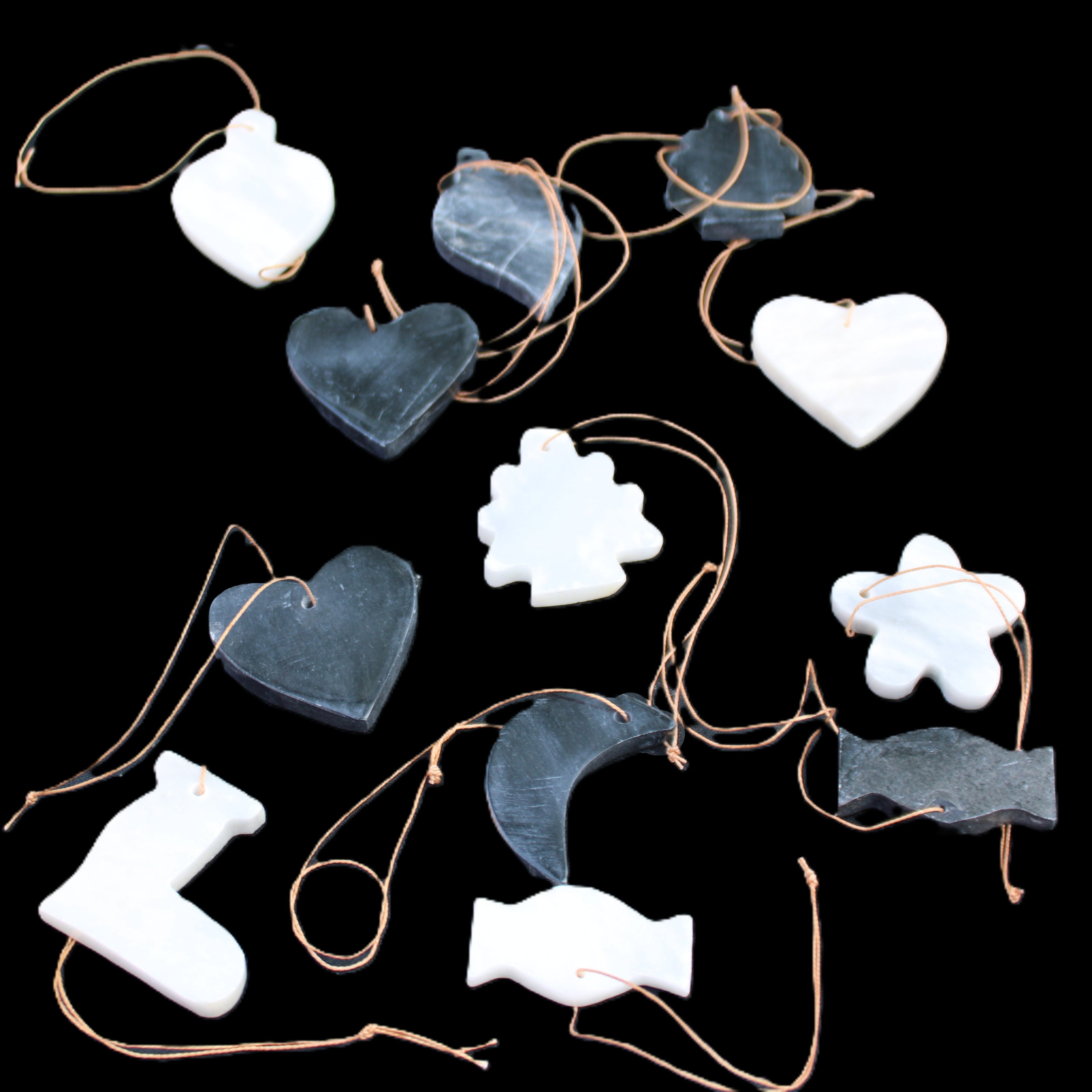 Christmas tree decoration shapes - 6 Black & 6 White Jade 34-38mm 170-190g in sunlight - Rocks and Things Store