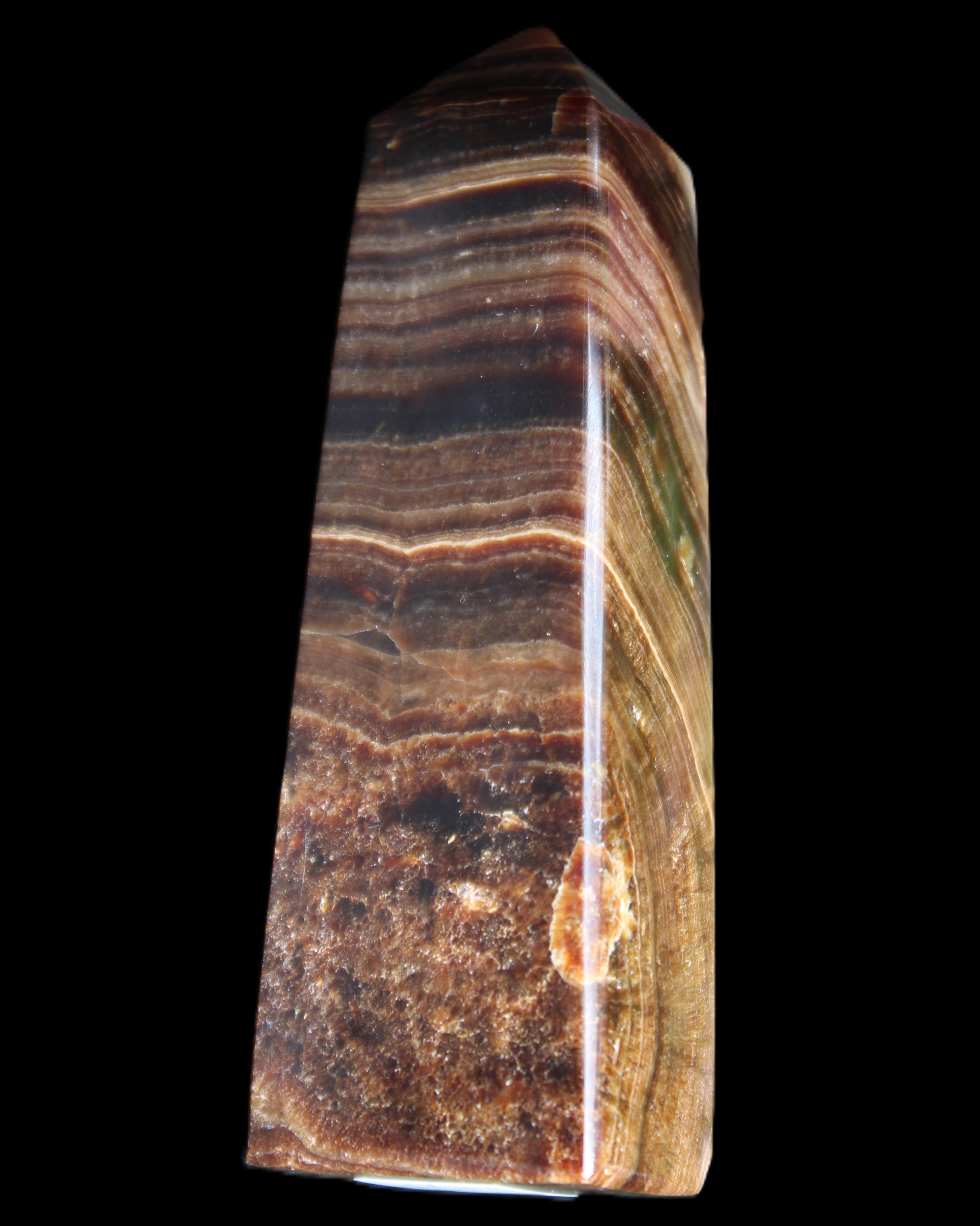 Chocolate Calcite obelisk 112*37mm 230g in UV light - Rocks and Things Store