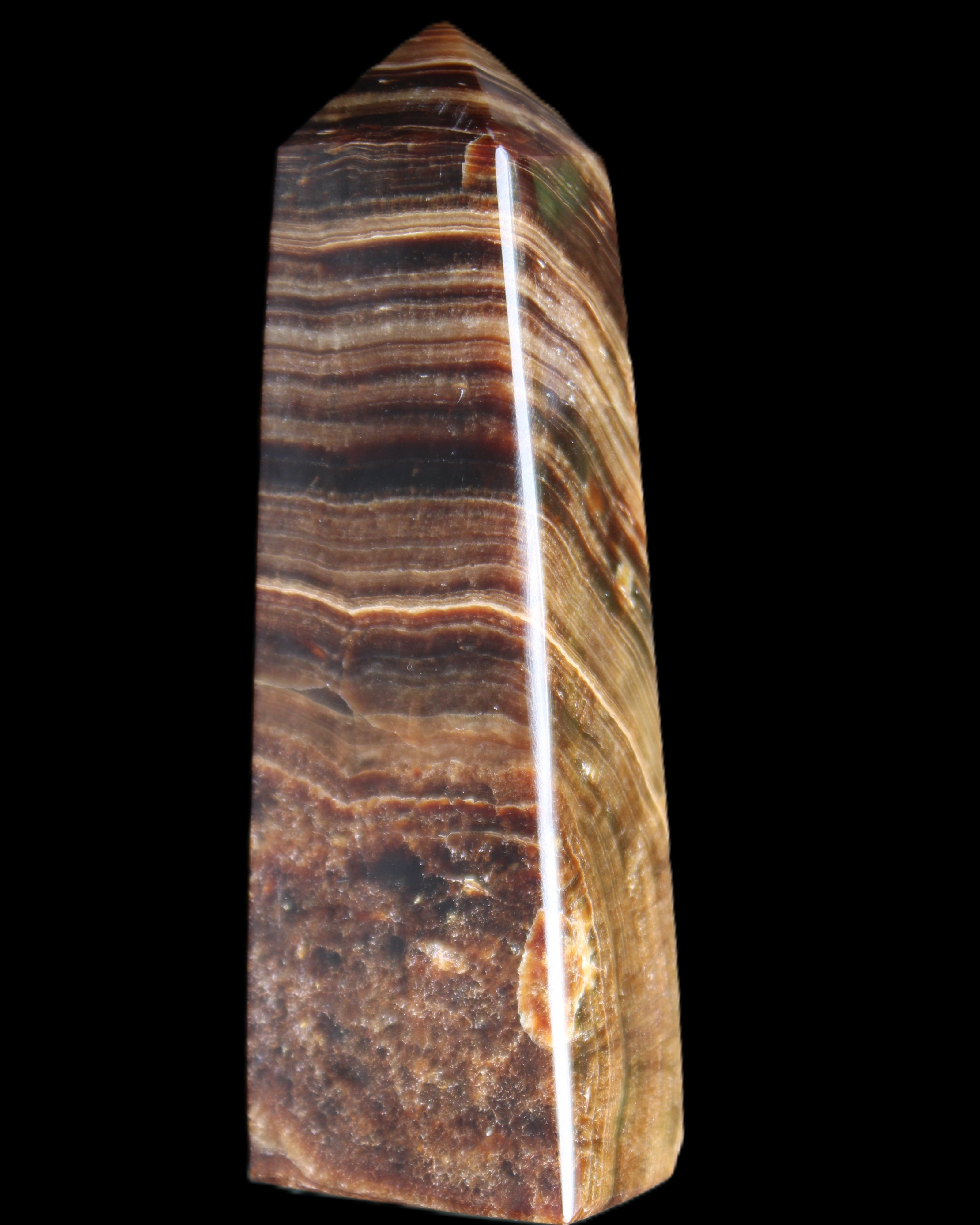 Chocolate Calcite obelisk 112*37mm 230g in UV light - Rocks and Things Store