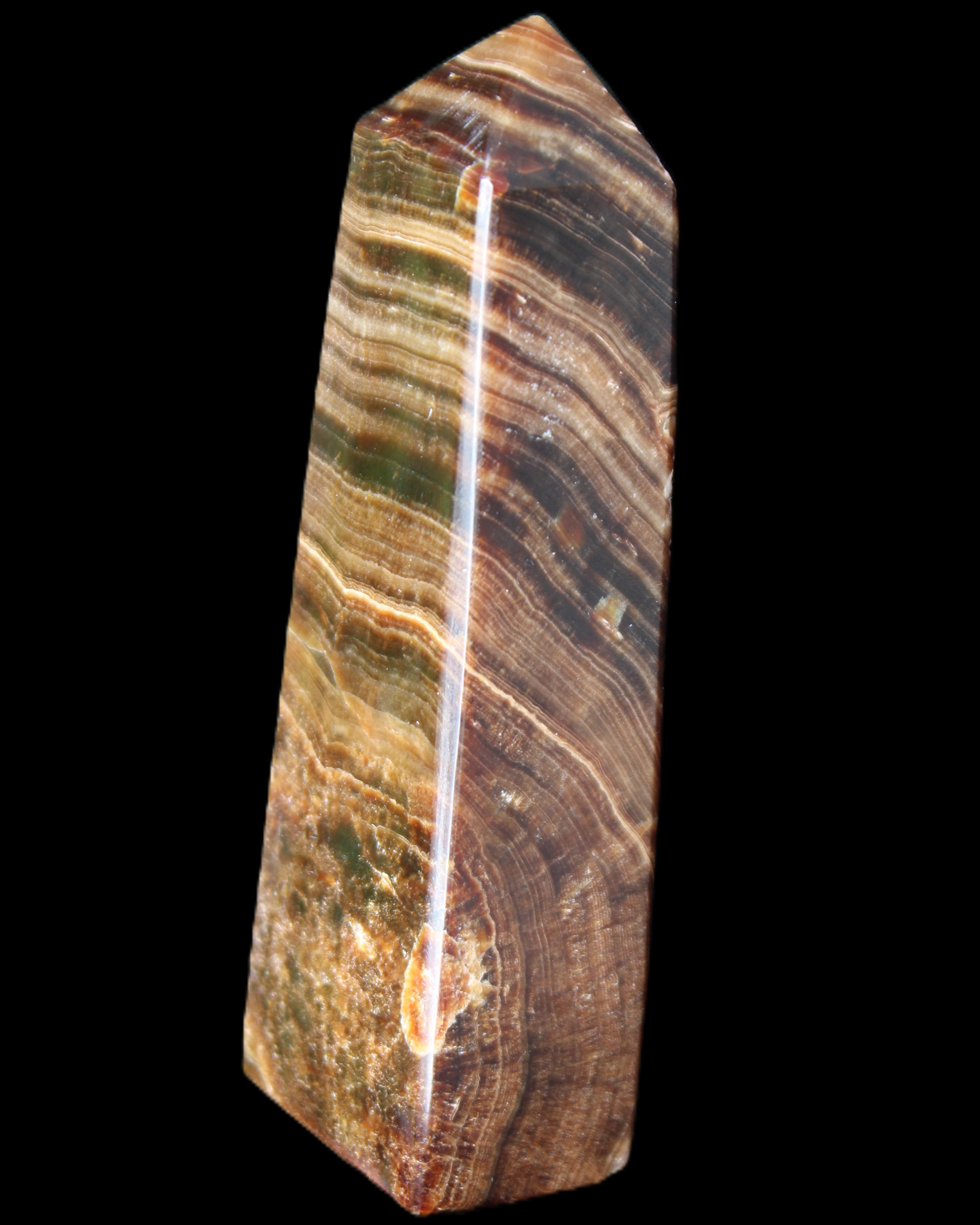 Chocolate Calcite obelisk 112*37mm 230g in UV light - Rocks and Things Store