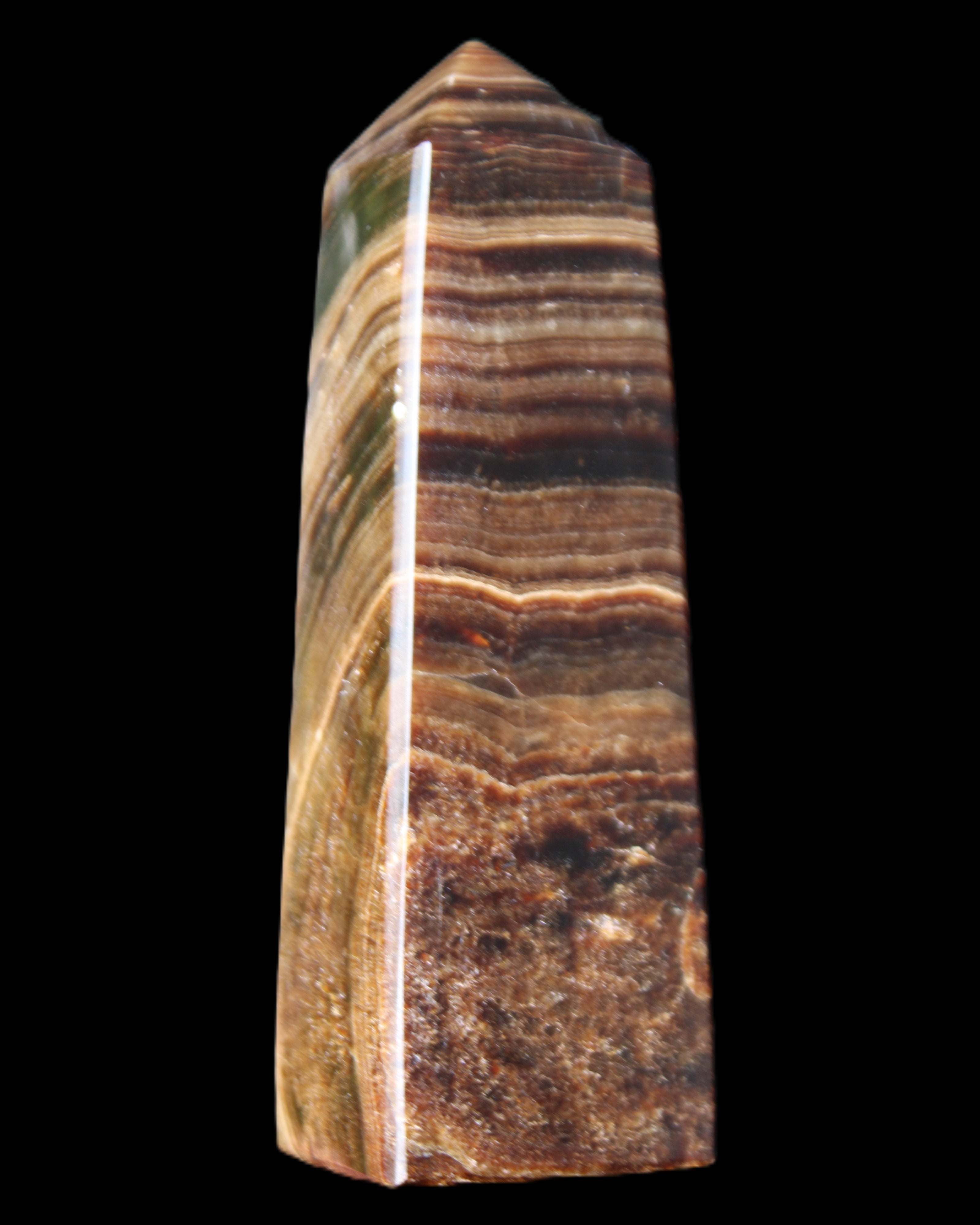 Chocolate Calcite obelisk 112*37mm 230g in UV light - Rocks and Things Store