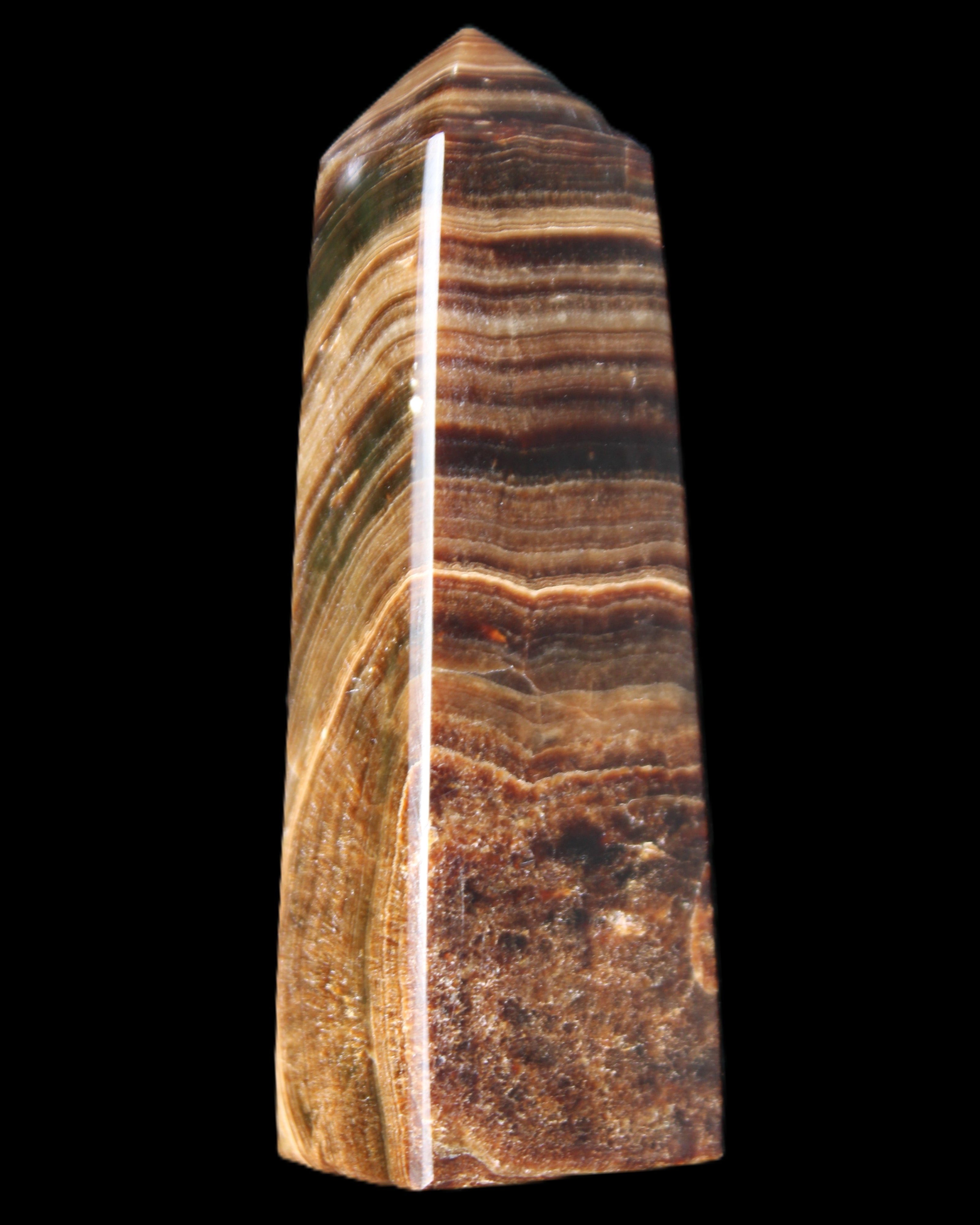 Chocolate Calcite obelisk 112*37mm 230g in UV light - Rocks and Things Store