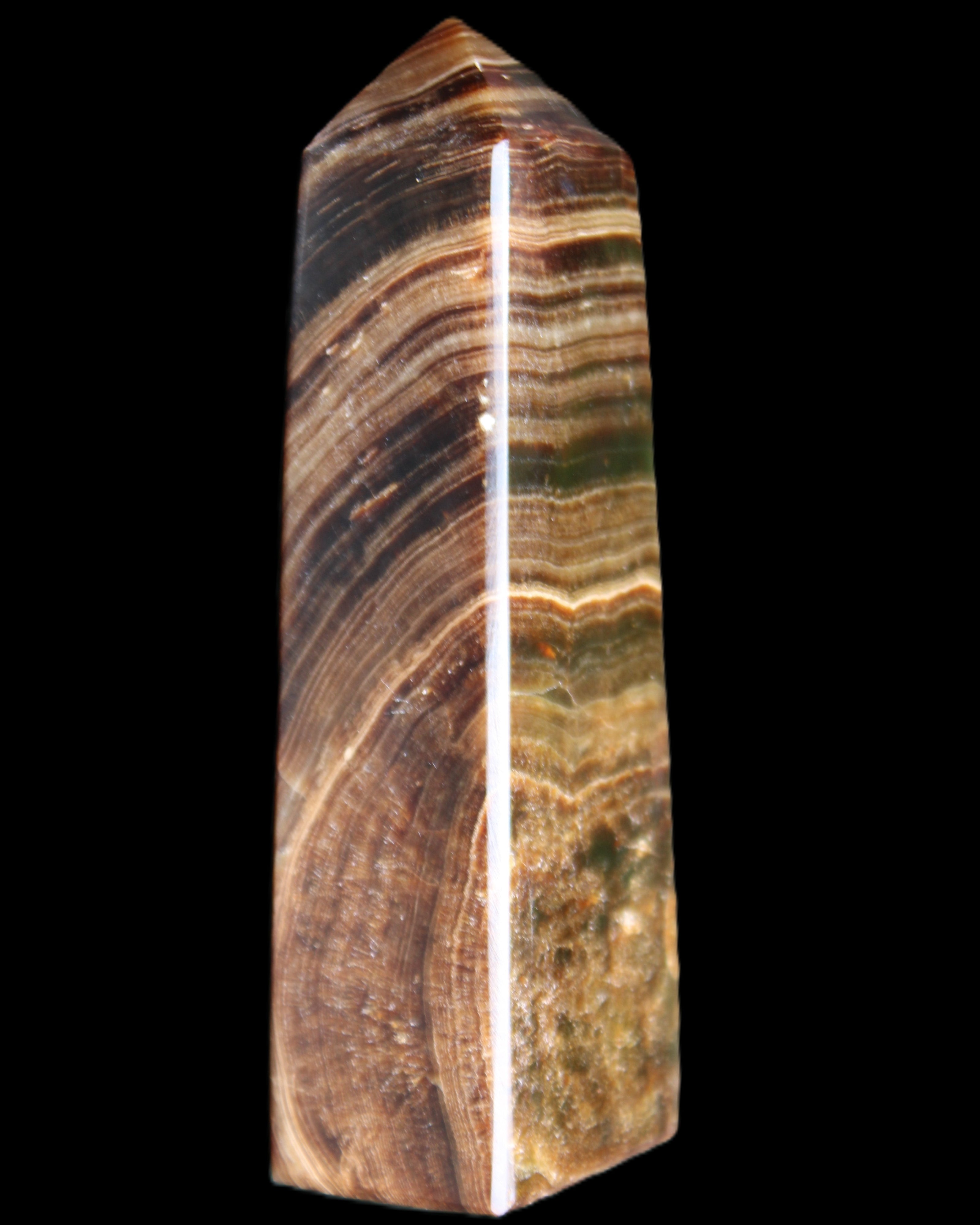 Chocolate Calcite obelisk 112*37mm 230g in UV light - Rocks and Things Store