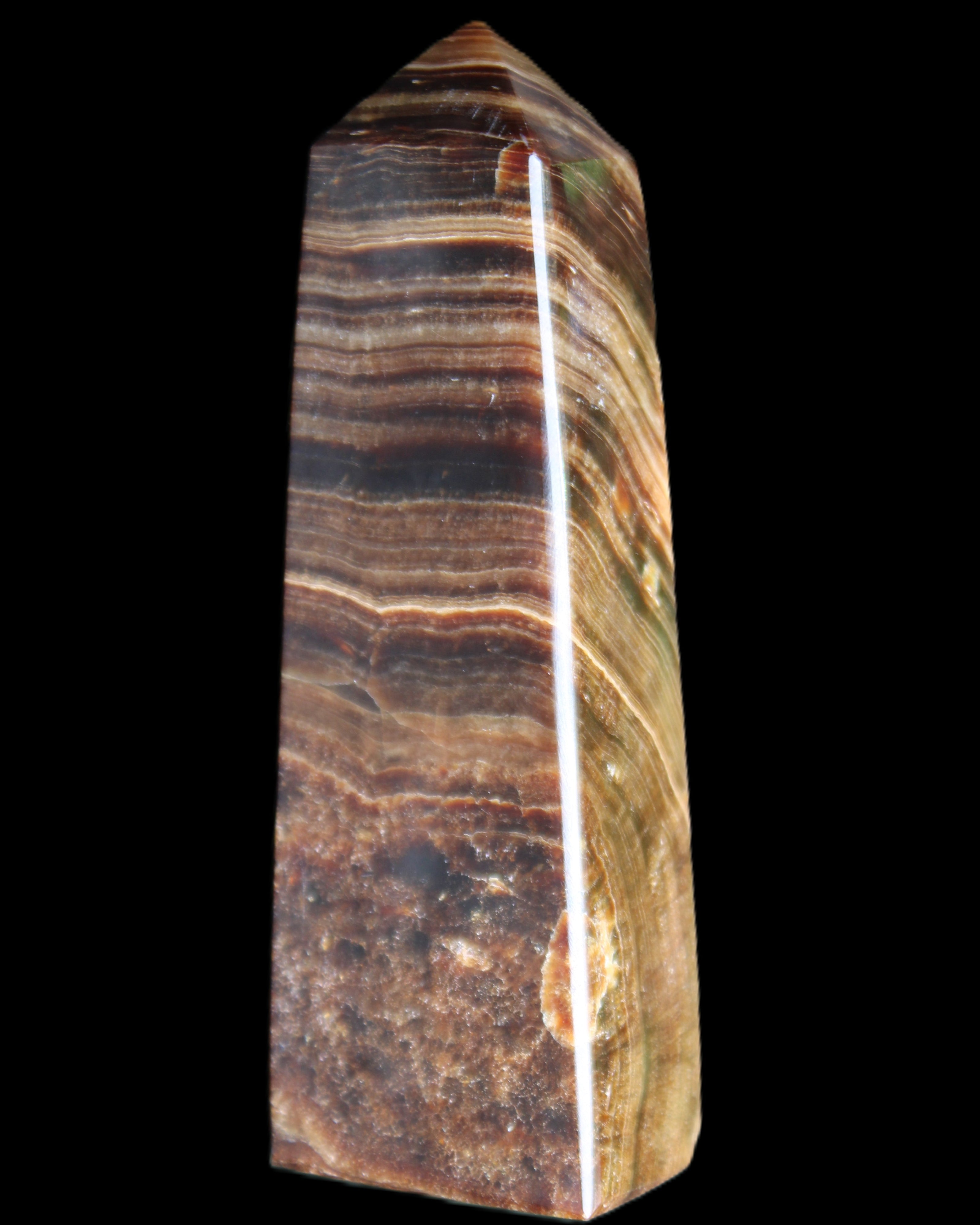 Chocolate Calcite obelisk 112*37mm 230g in UV light - Rocks and Things Store