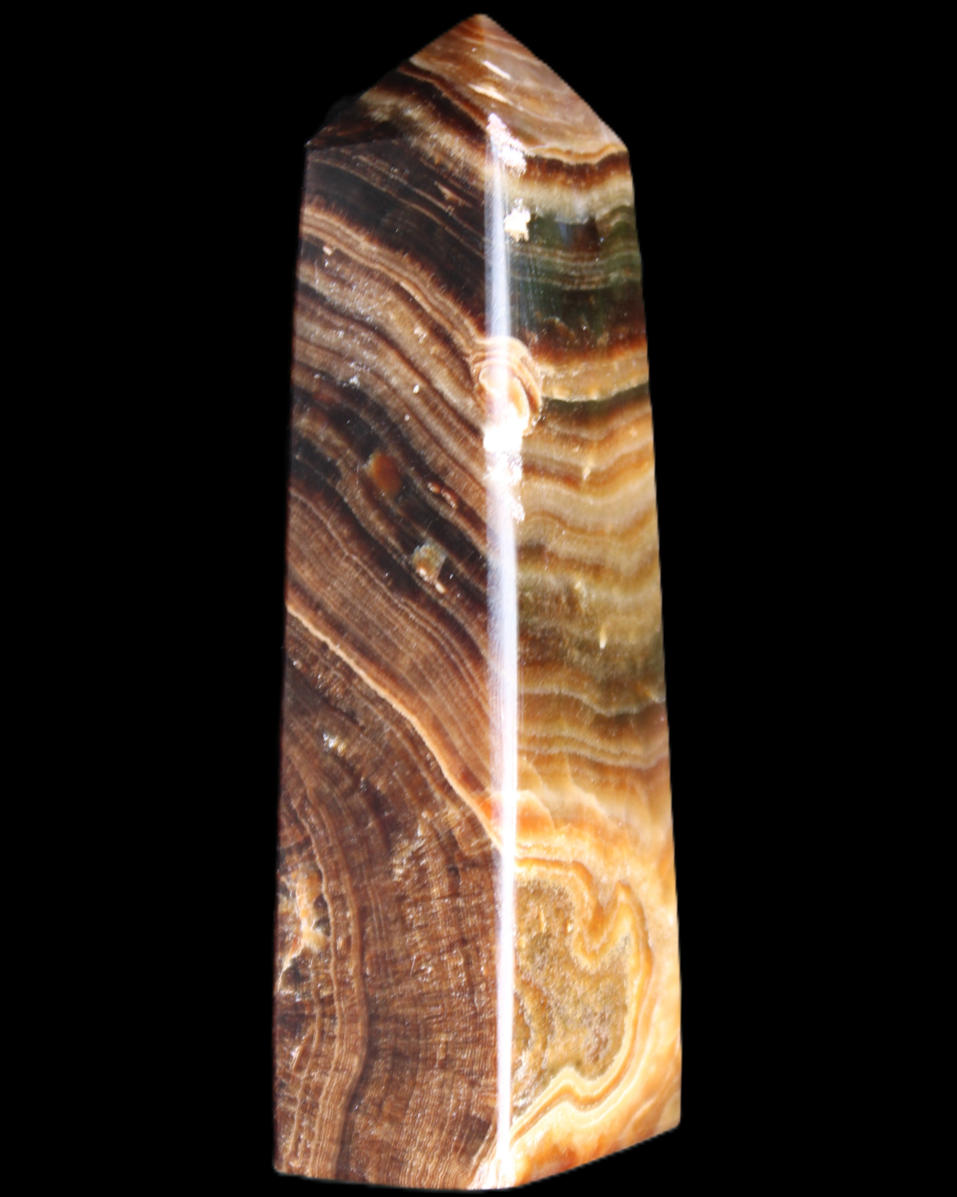 Chocolate Calcite obelisk 112*37mm 230g in UV light - Rocks and Things Store