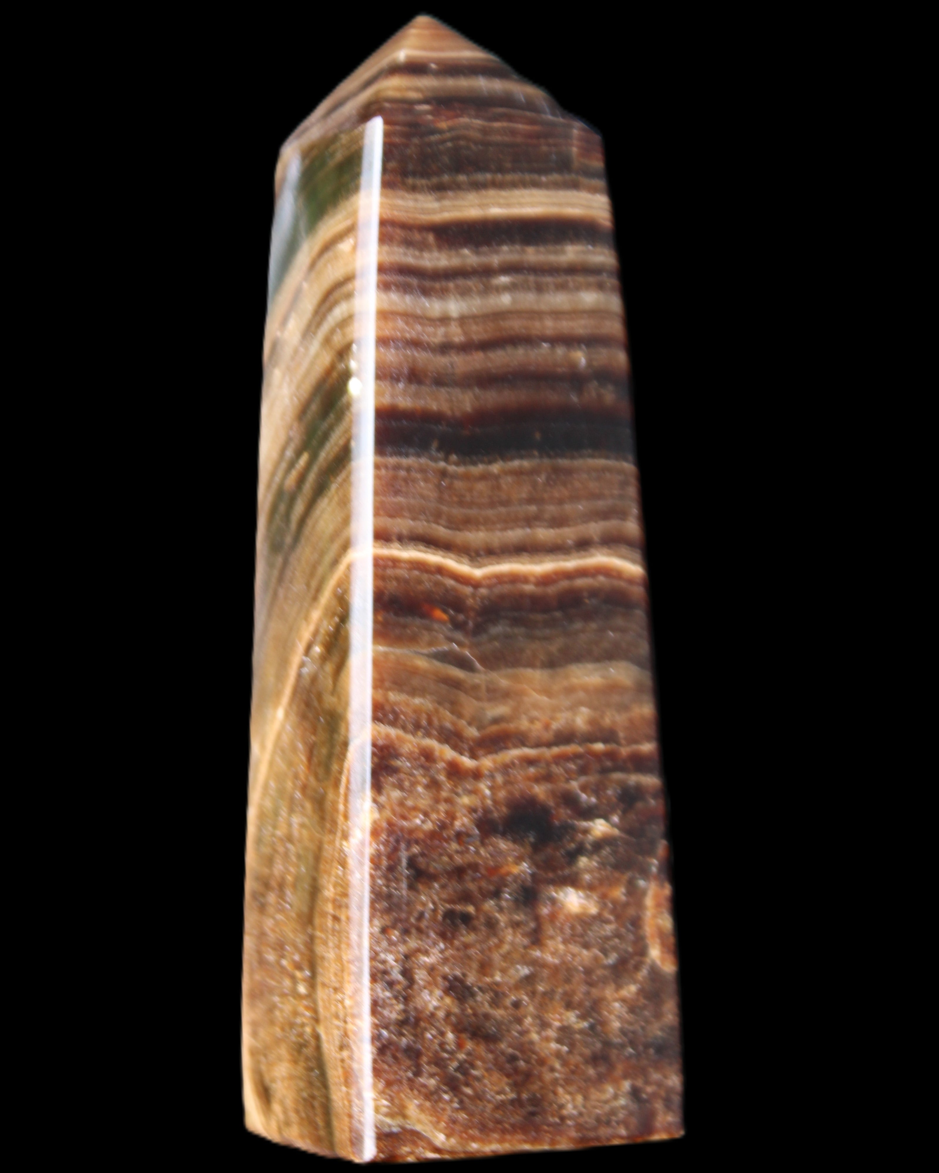 Chocolate Calcite obelisk 112*37mm 230g in UV light - Rocks and Things Store