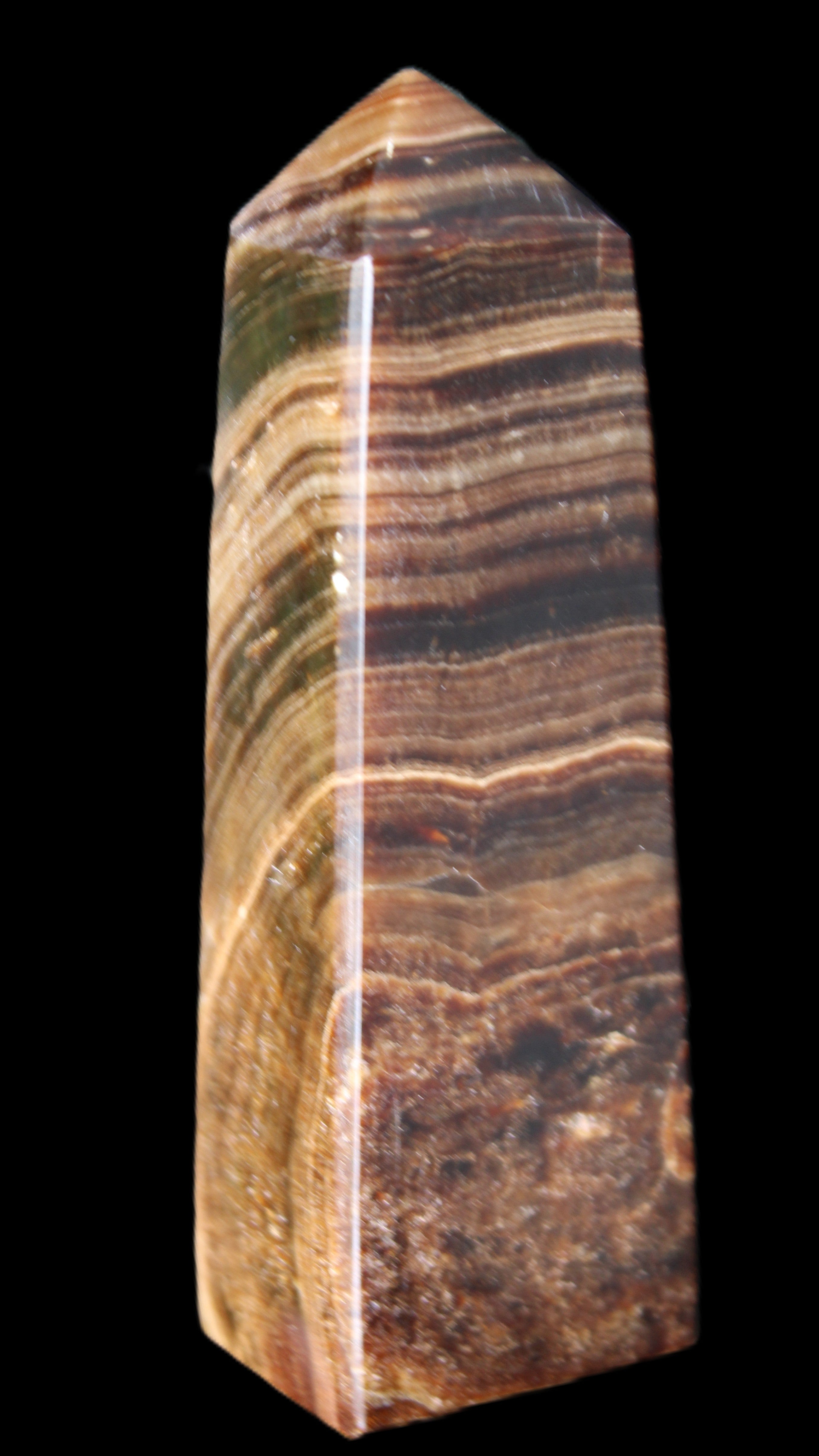 Chocolate Calcite obelisk 112*37mm 230g in UV light - Rocks and Things Store