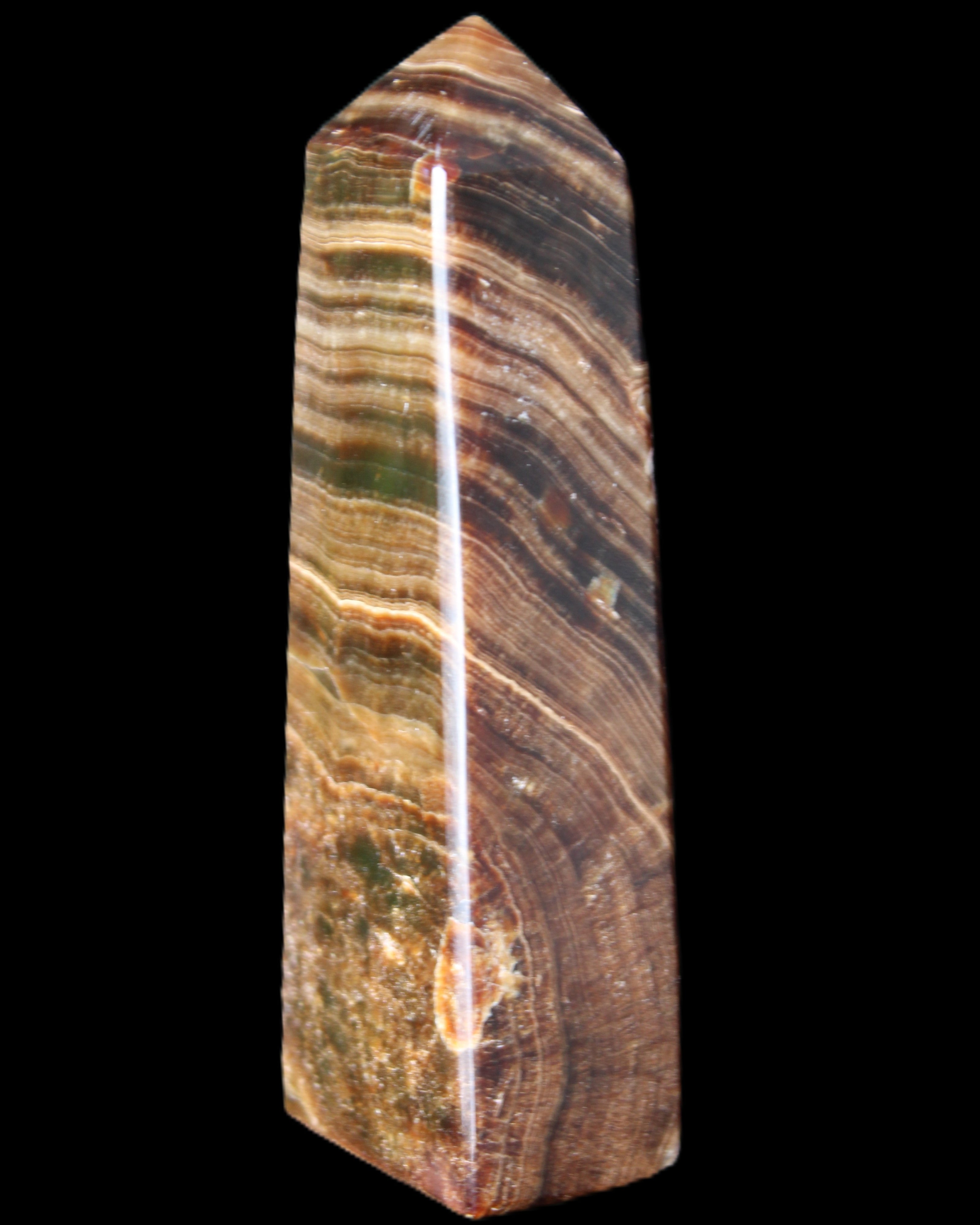 Chocolate Calcite obelisk 112*37mm 230g in UV light - Rocks and Things Store