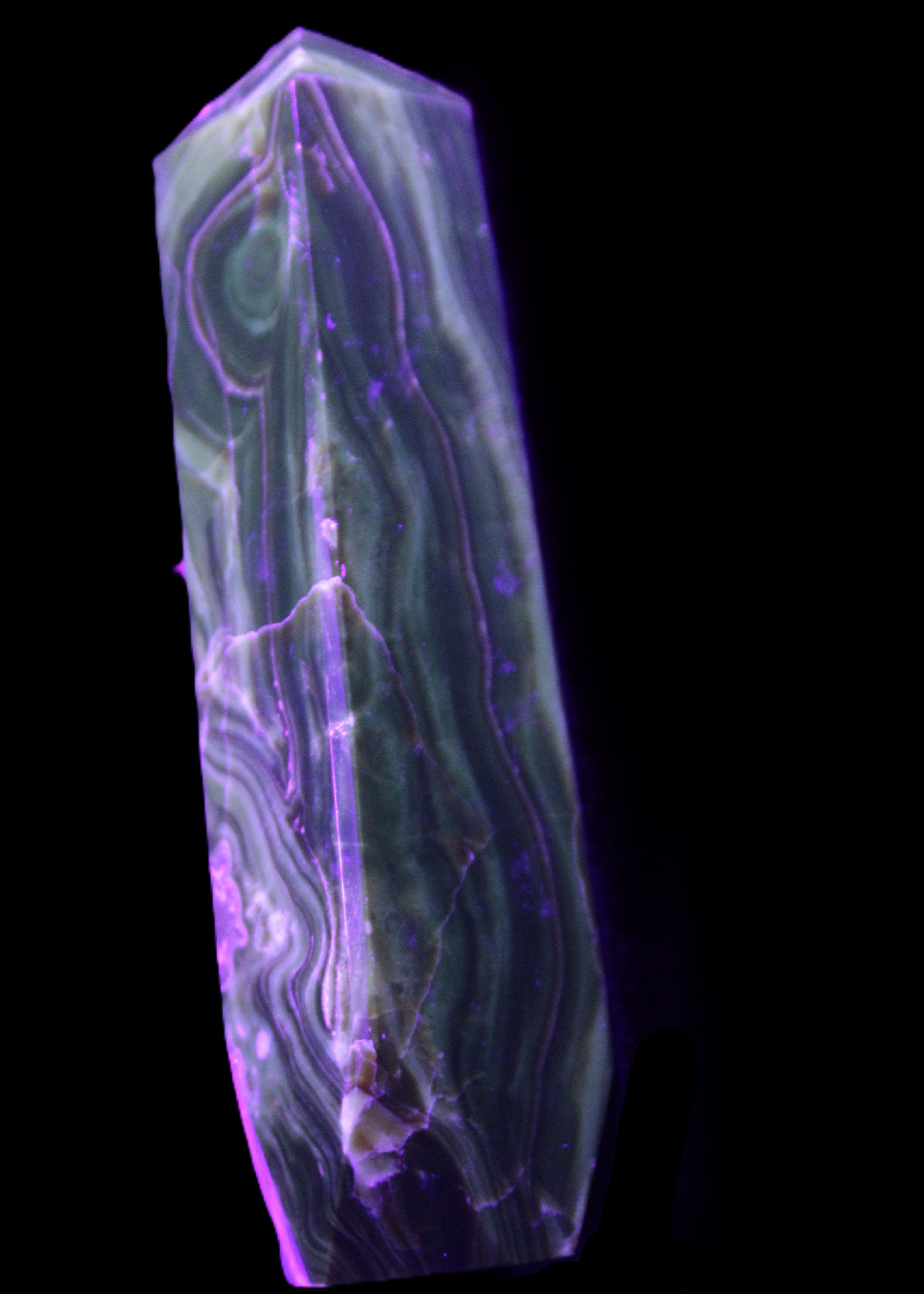 Tall Chocolate Calcite obelisk 154*32mm 439g in UV light - Rocks and Things Store