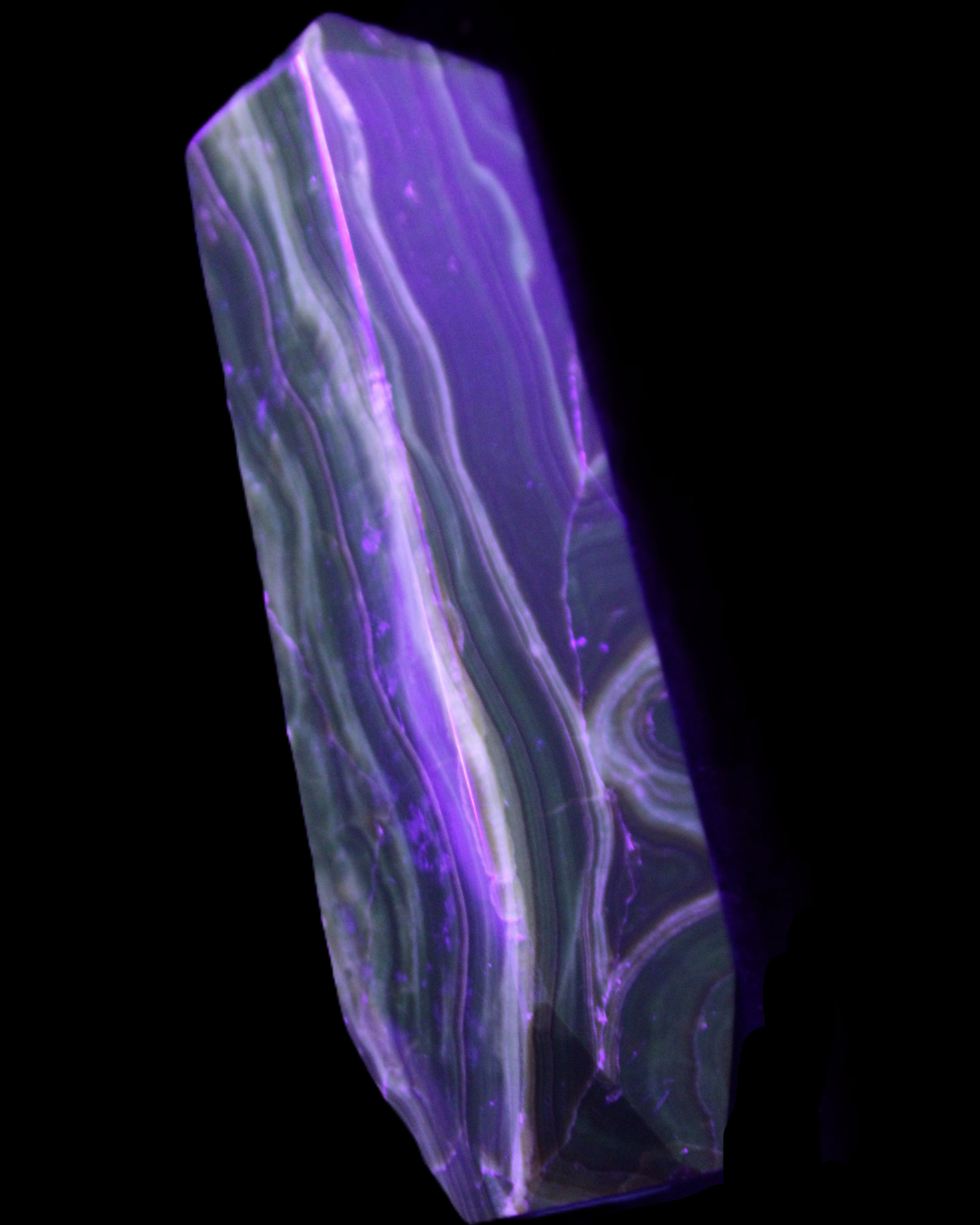 Tall Chocolate Calcite obelisk 154*32mm 439g in UV light - Rocks and Things Store