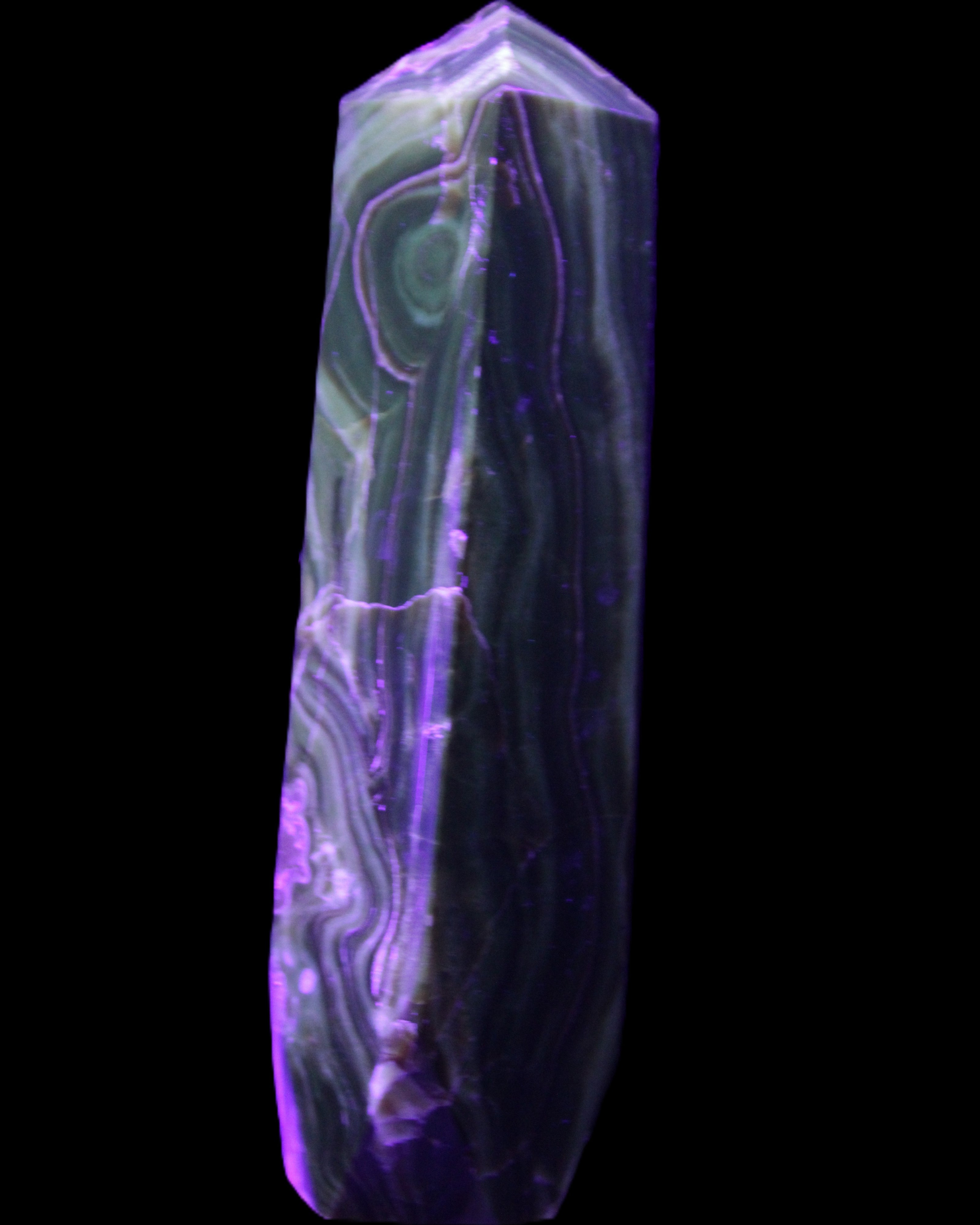 Tall Chocolate Calcite obelisk 154*32mm 439g in UV light - Rocks and Things Store