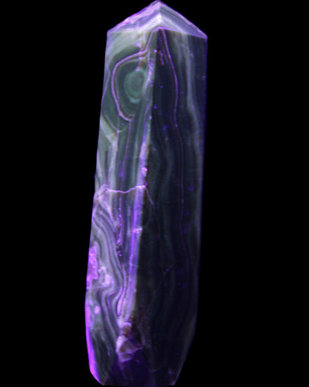 Tall Chocolate Calcite obelisk 154*32mm 439g in UV light - Rocks and Things Store