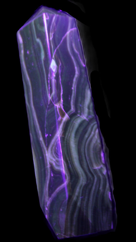 Tall Chocolate Calcite obelisk 154*32mm 439g in UV light - Rocks and Things Store
