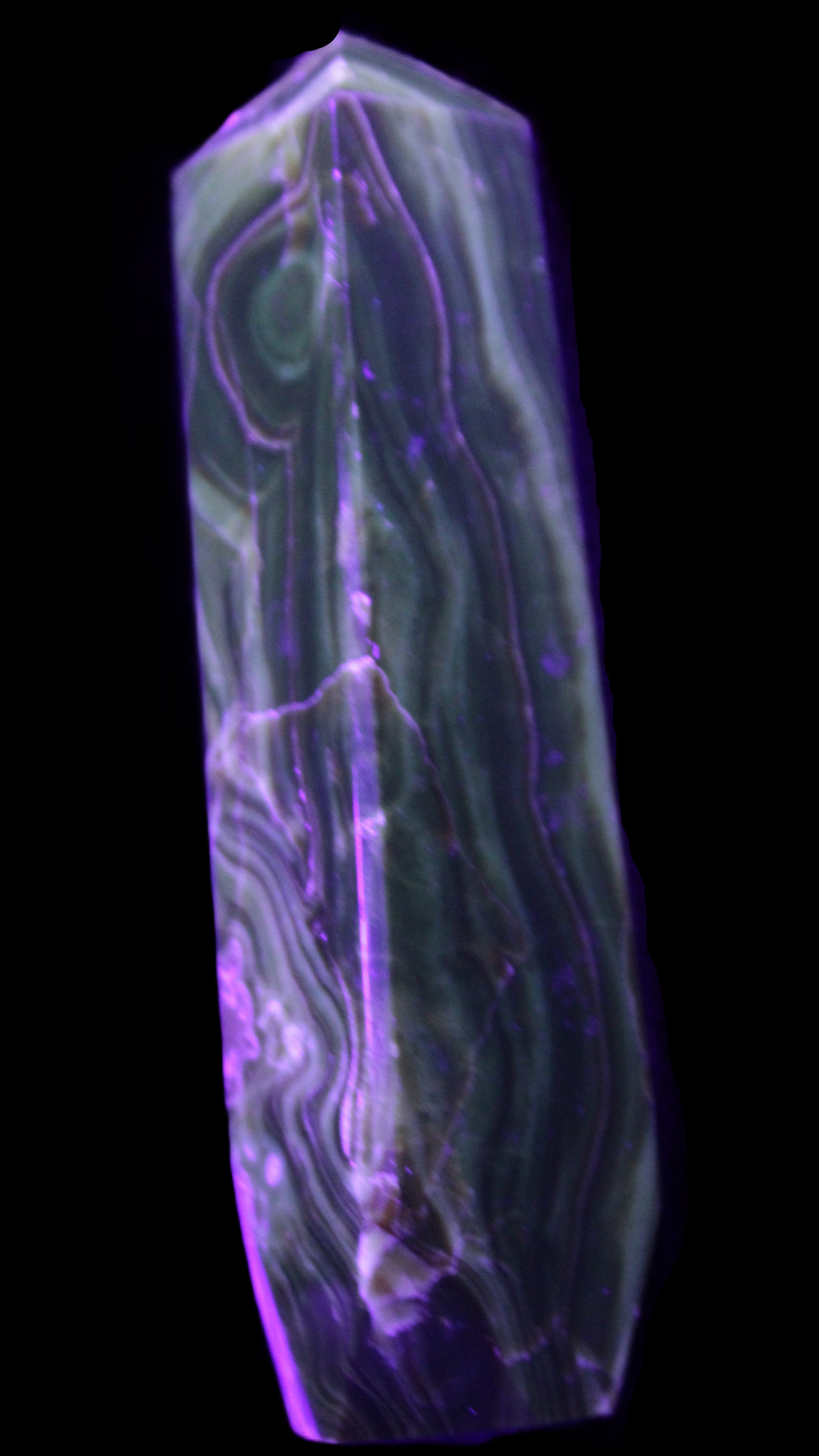 Tall Chocolate Calcite obelisk 154*32mm 439g in UV light - Rocks and Things Store