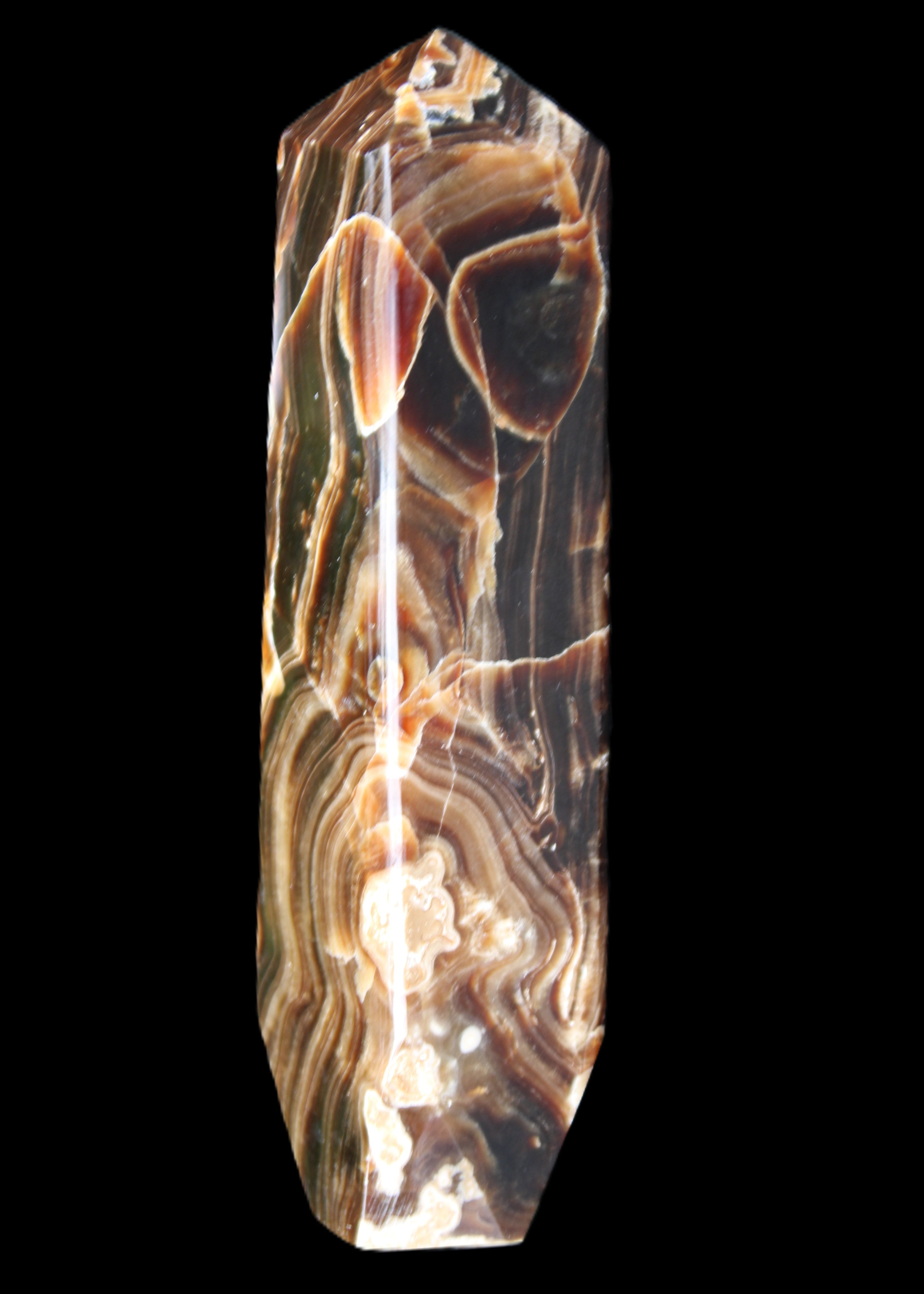 Tall Chocolate Calcite obelisk 154*32mm 439g in UV light - Rocks and Things Store