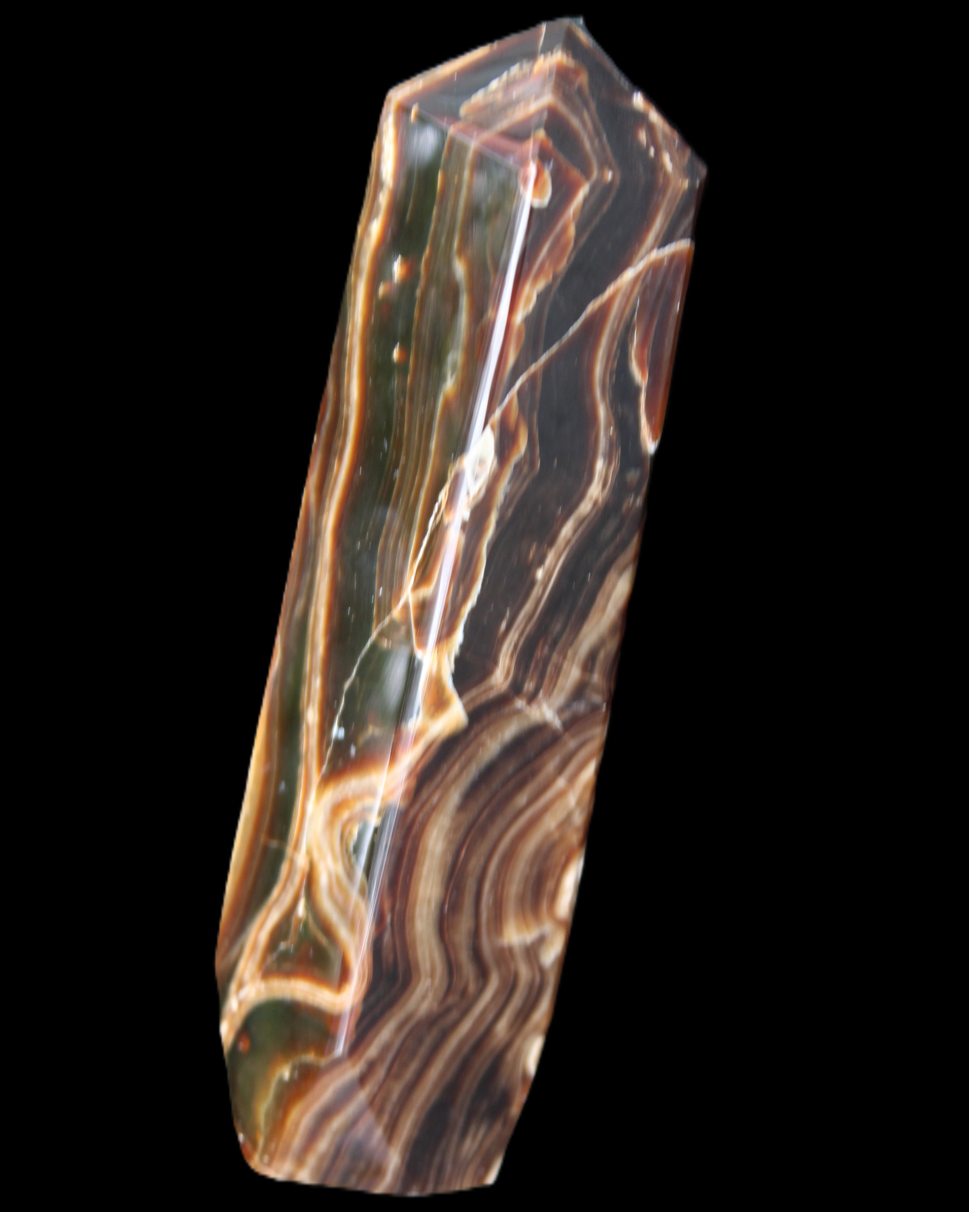 Tall Chocolate Calcite obelisk 154*32mm 439g in UV light - Rocks and Things Store