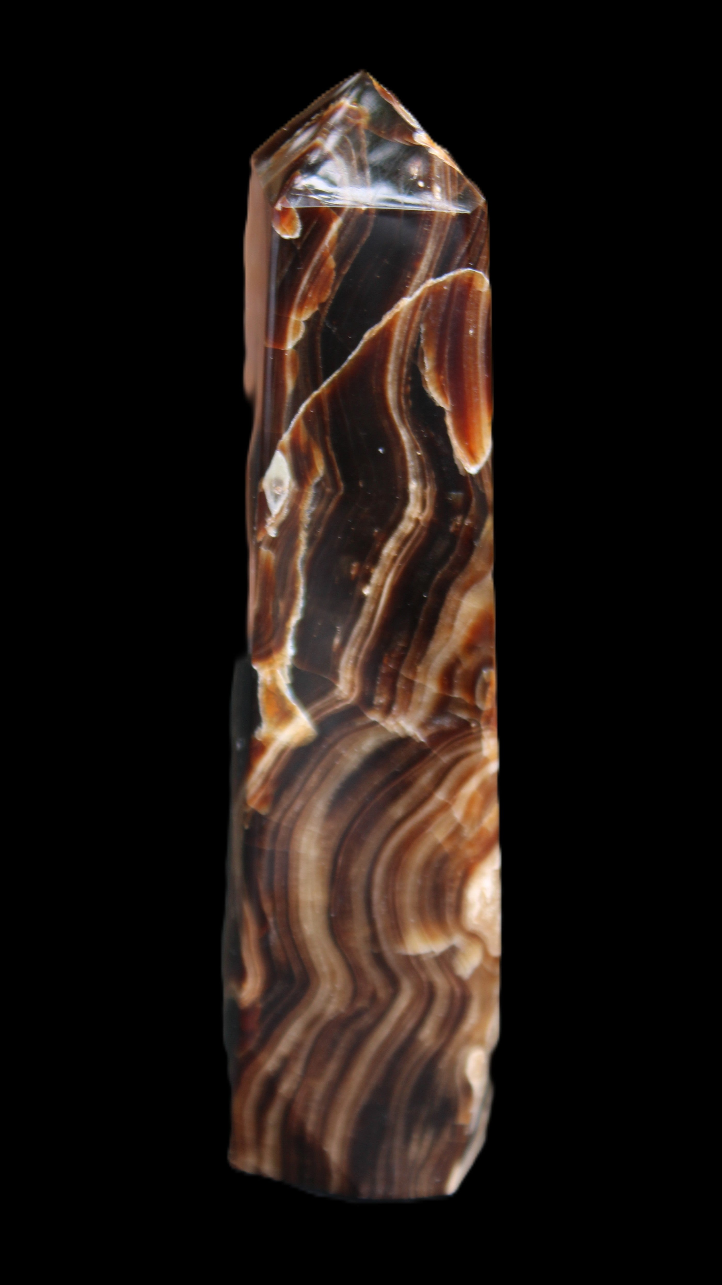 Tall Chocolate Calcite obelisk 154*32mm 439g in UV light - Rocks and Things Store