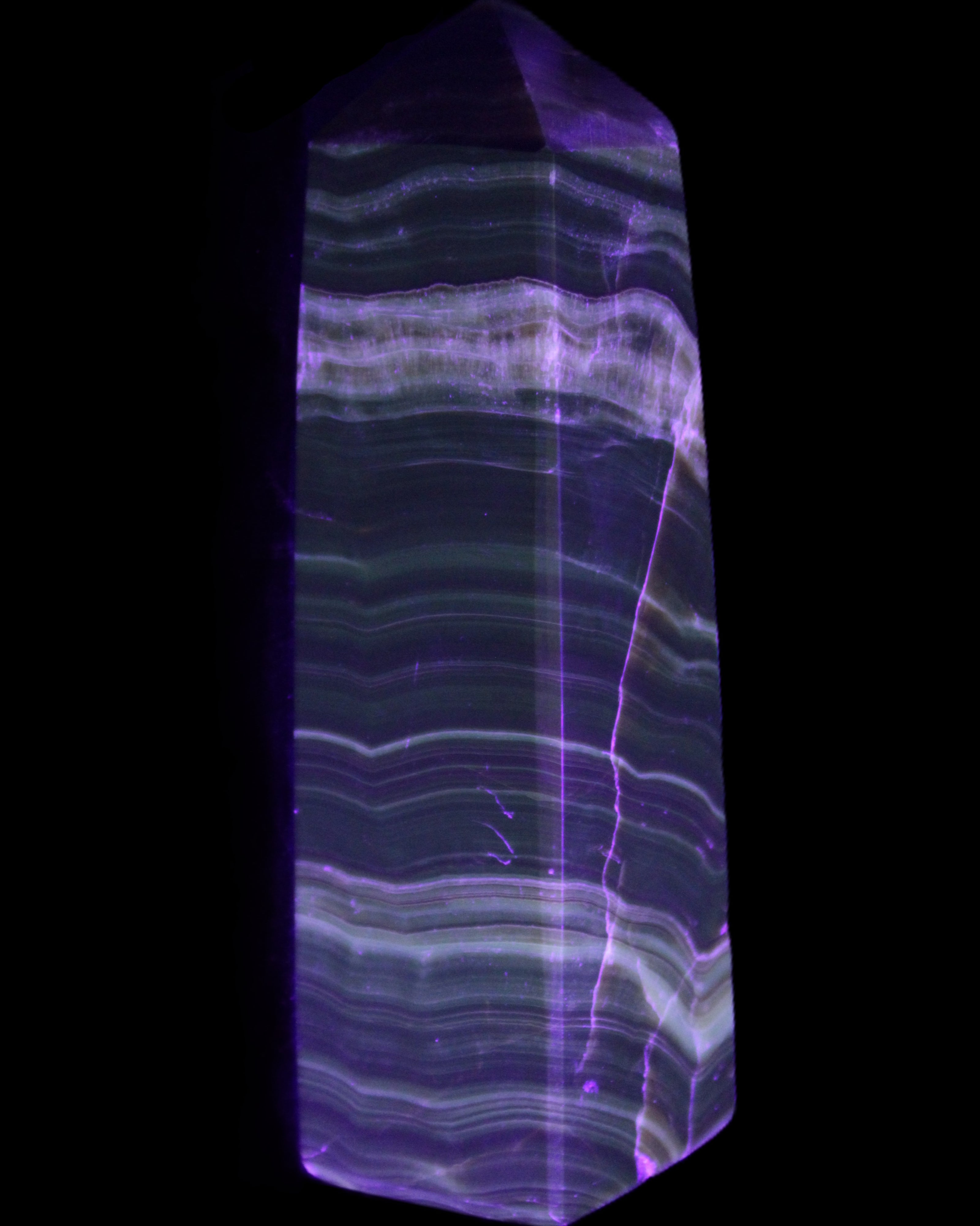 Chocolate Calcite obelisk 119*32mm 270g in UV light  - Rocks and Things Store