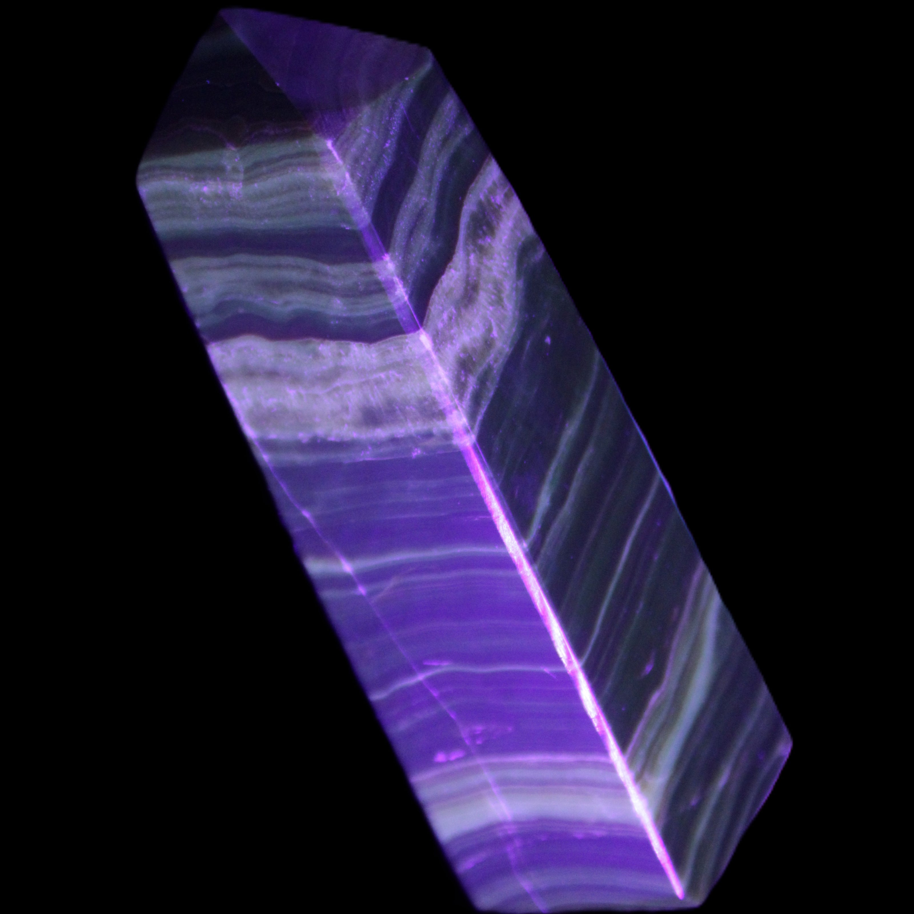 Chocolate Calcite obelisk 119*32mm 270g in UV light  - Rocks and Things Store