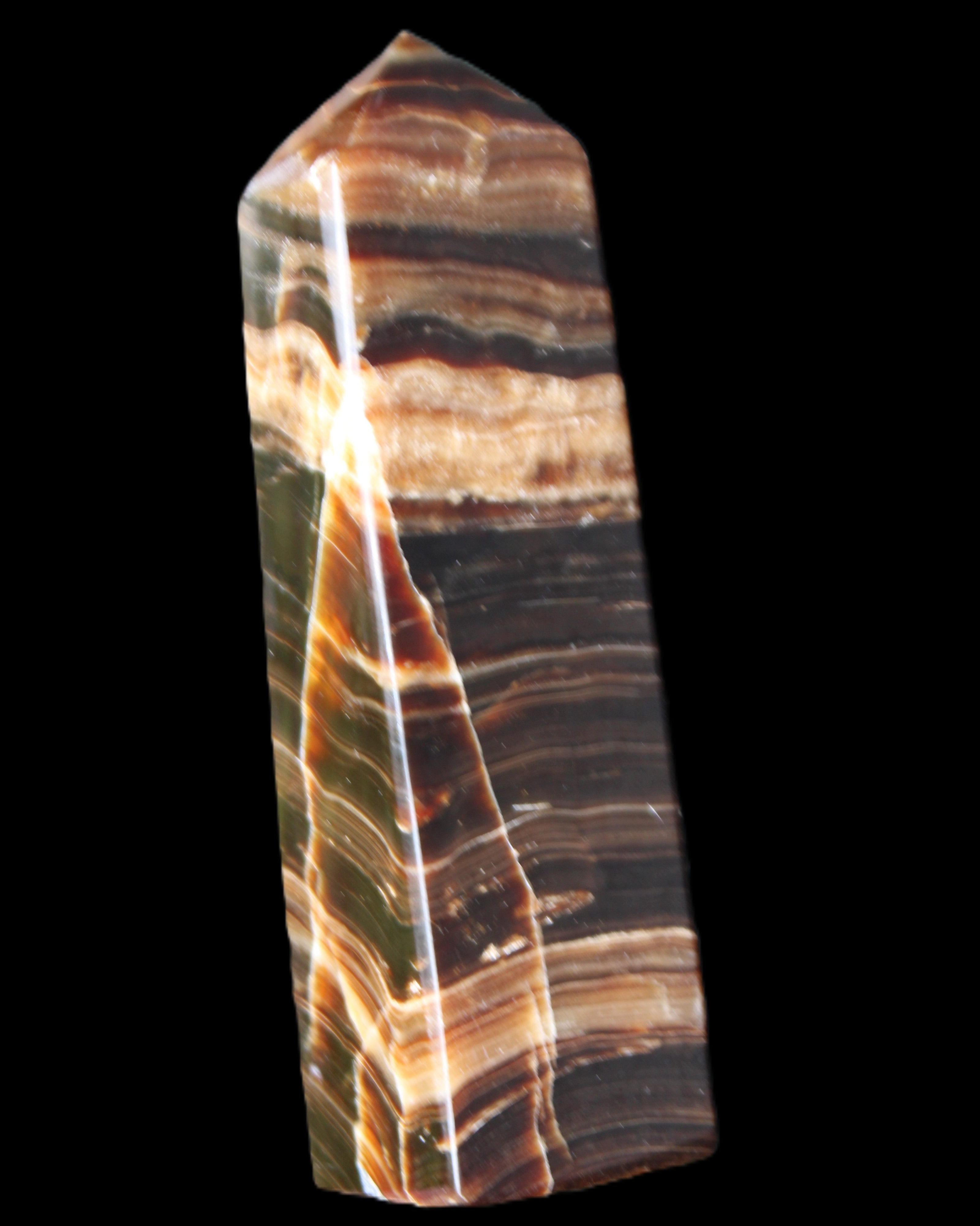 Chocolate Calcite obelisk 119*32mm 270g in UV light  - Rocks and Things Store