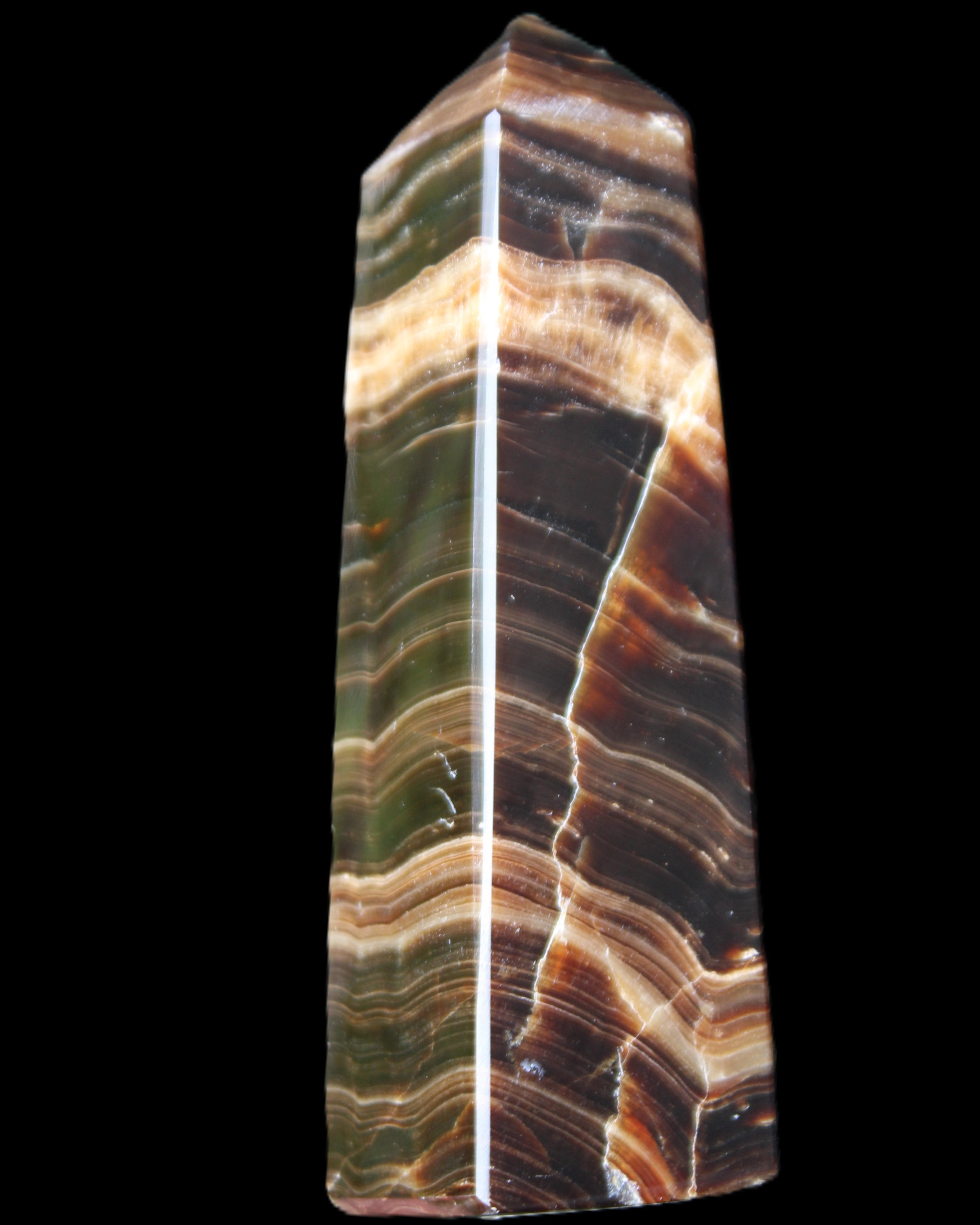 Chocolate Calcite obelisk 119*32mm 270g in UV light  - Rocks and Things Store