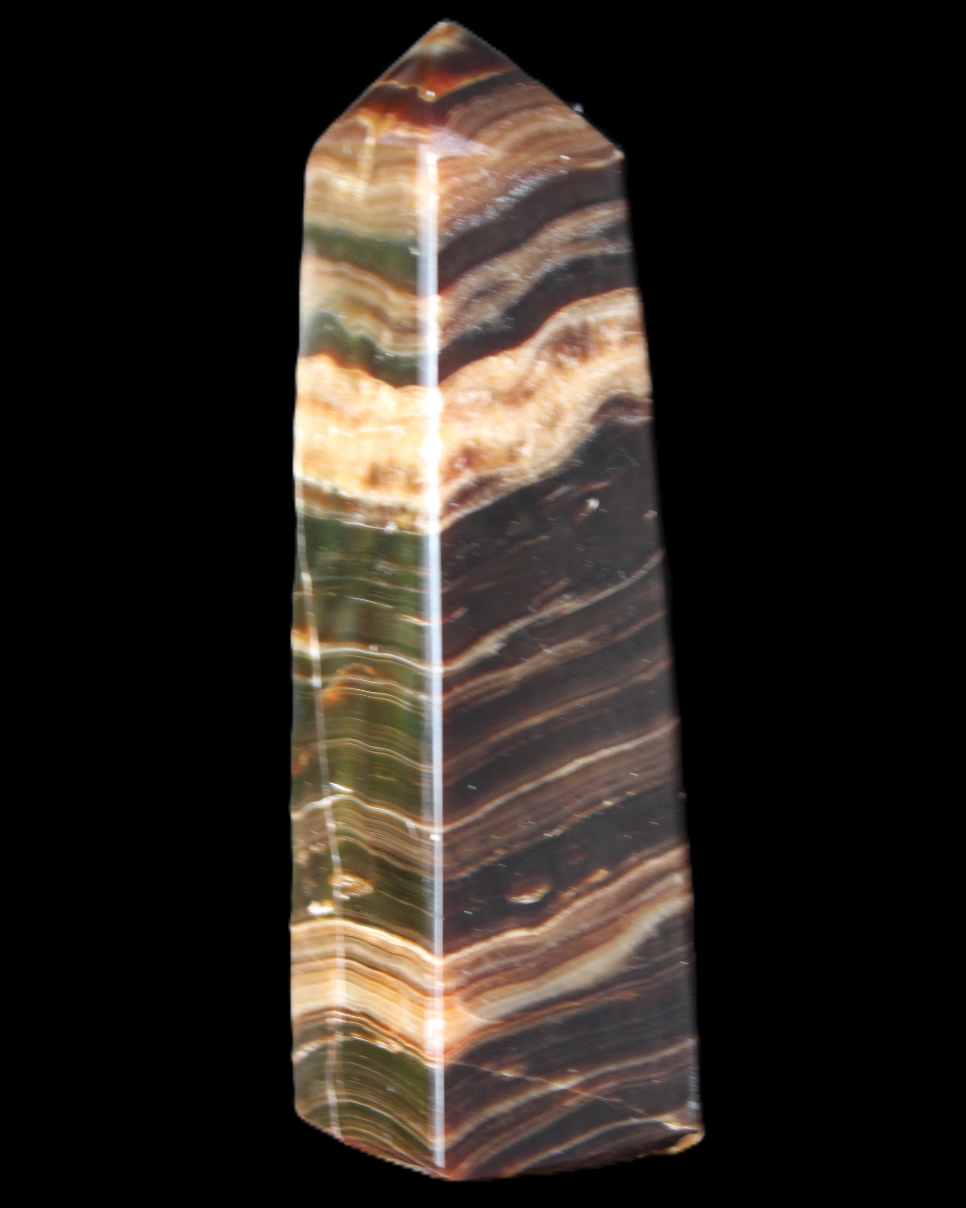 Chocolate Calcite obelisk 119*32mm 270g in UV light  - Rocks and Things Store
