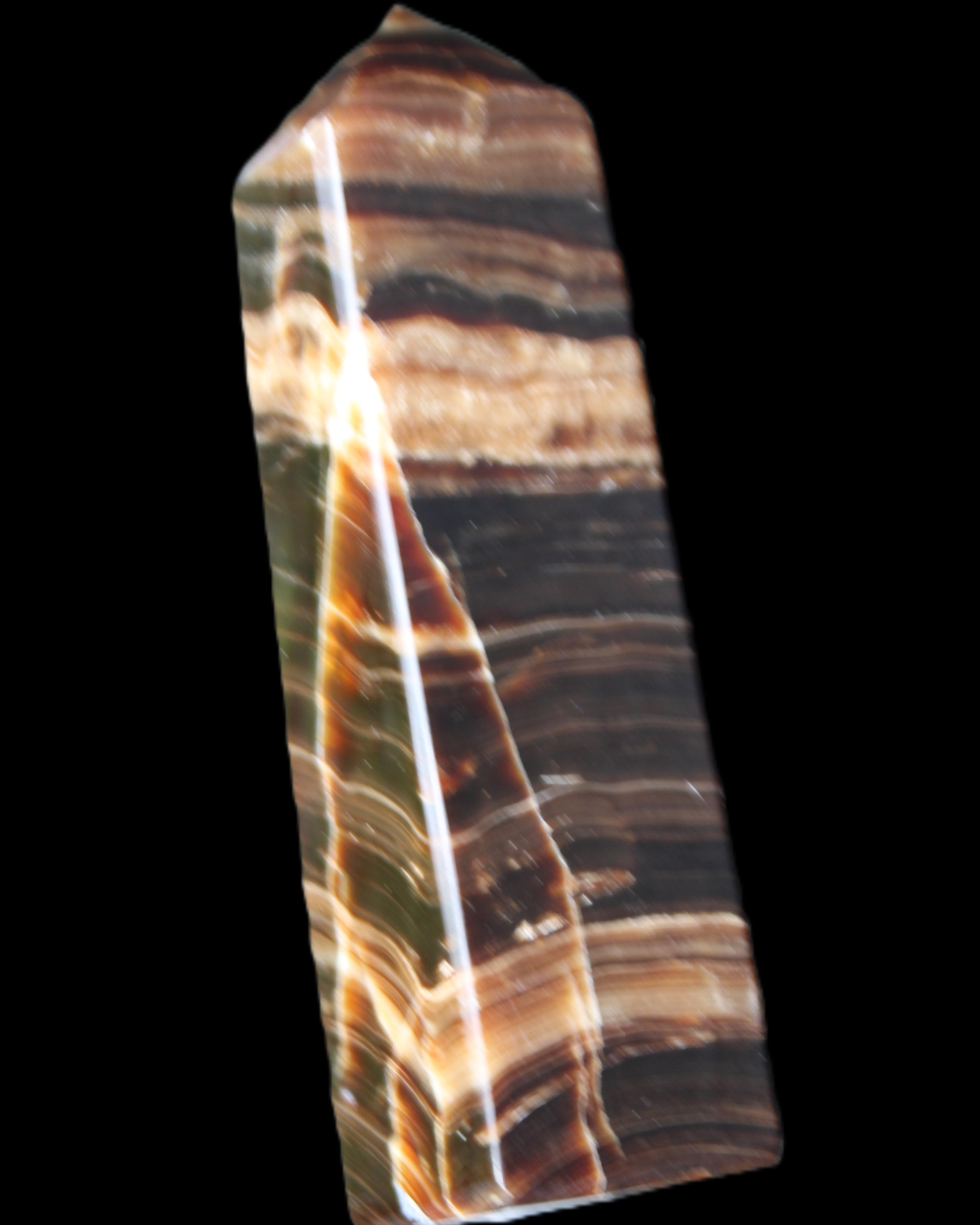 Chocolate Calcite obelisk 119*32mm 270g in UV light  - Rocks and Things Store