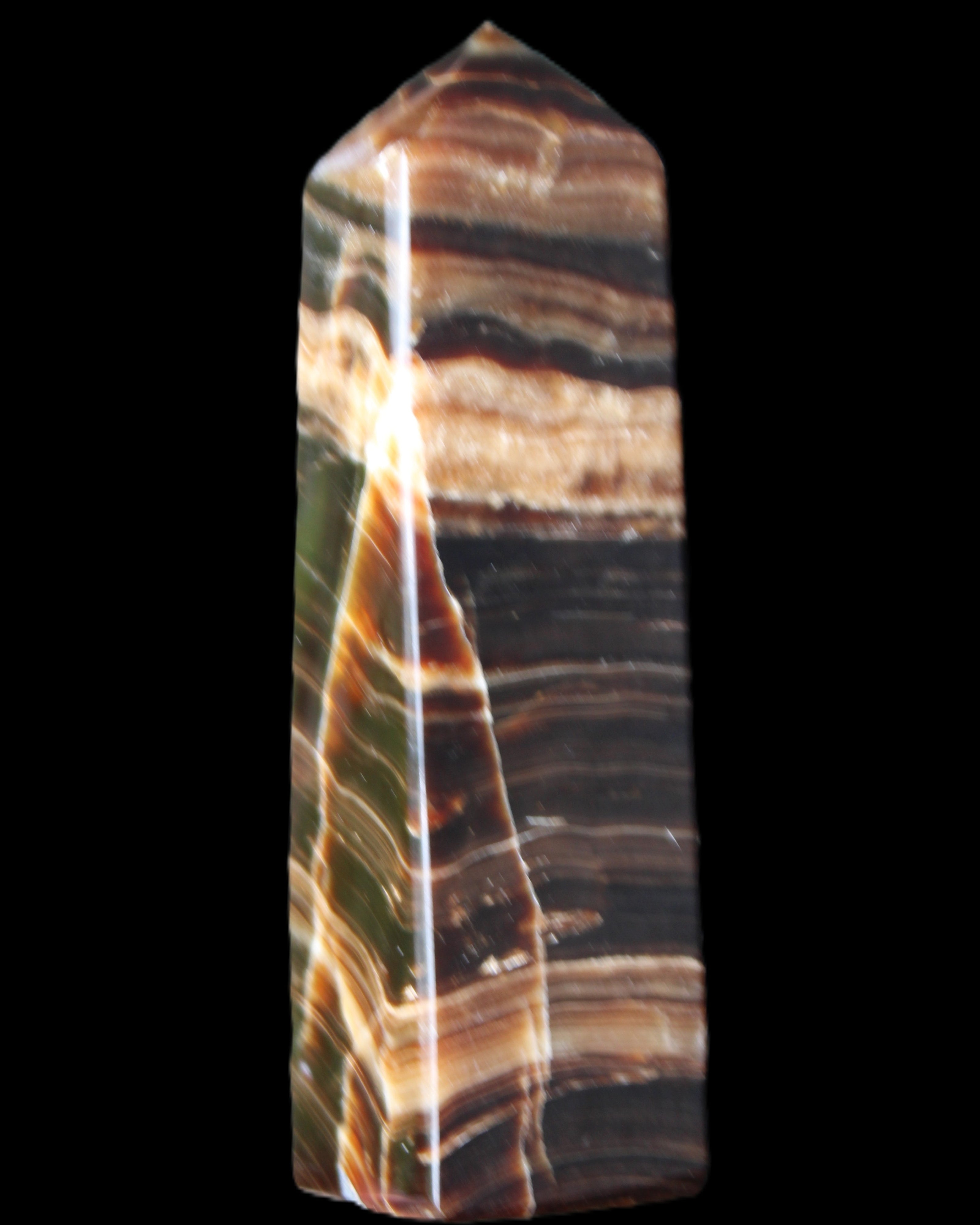 Chocolate Calcite obelisk 119*32mm 270g in UV light  - Rocks and Things Store