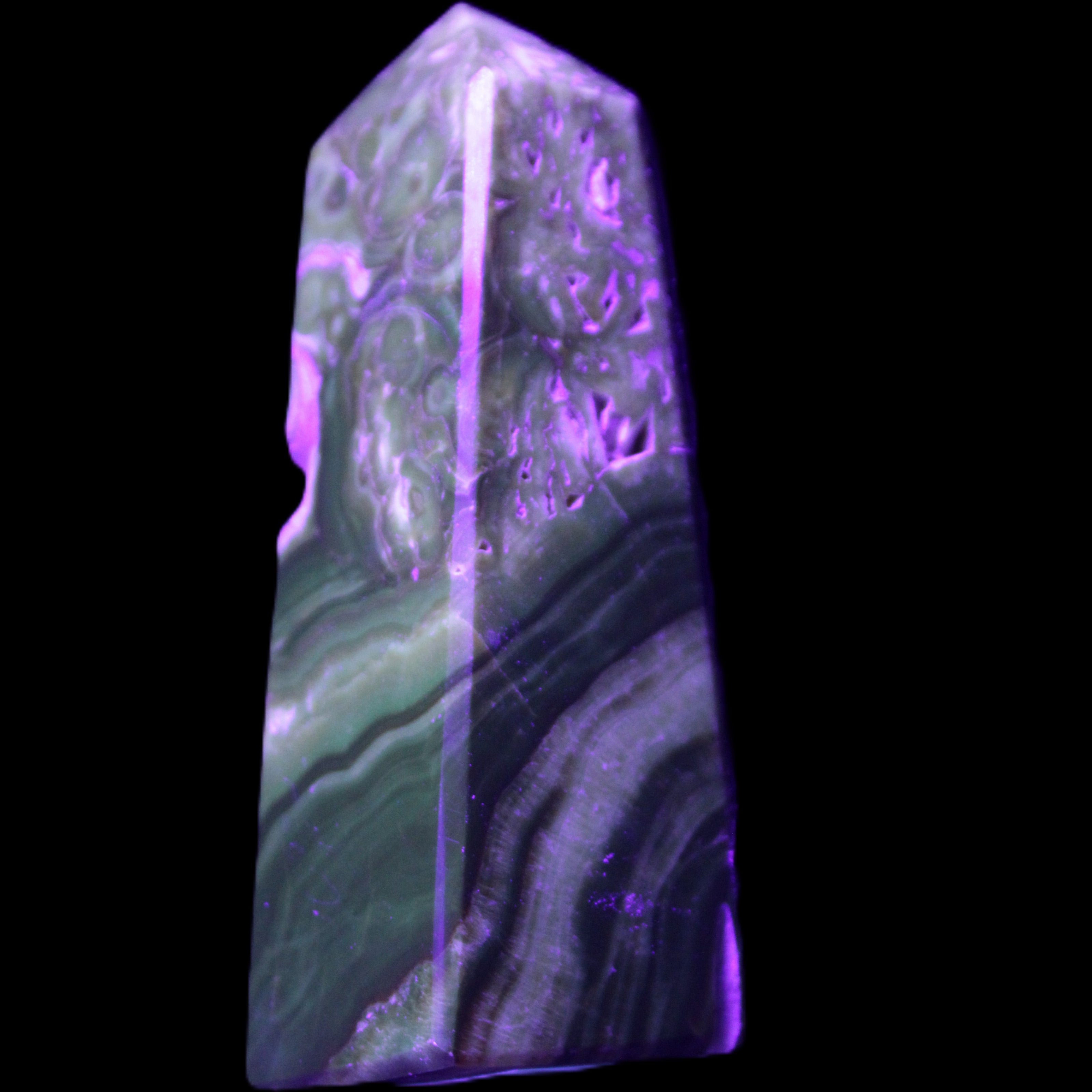 Chocolate Calcite obelisk 111*35mm 208g in UV light - Rocks and Things Store